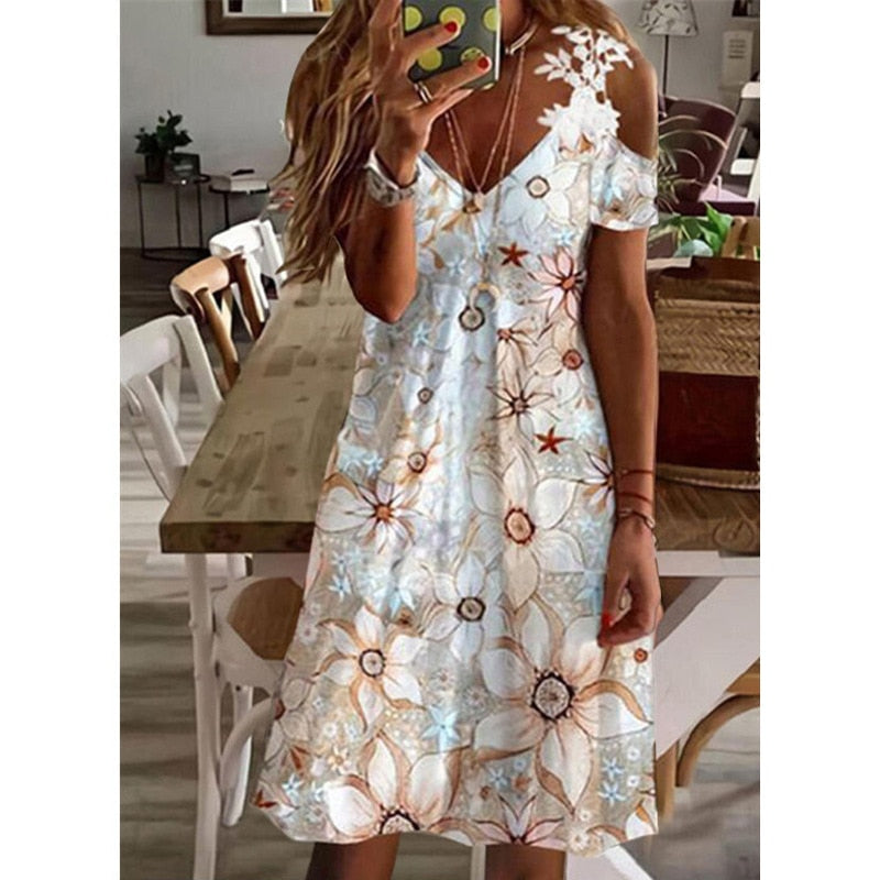 V Neck Ruffles Lace Off Shoulder Crochet Midi Dress