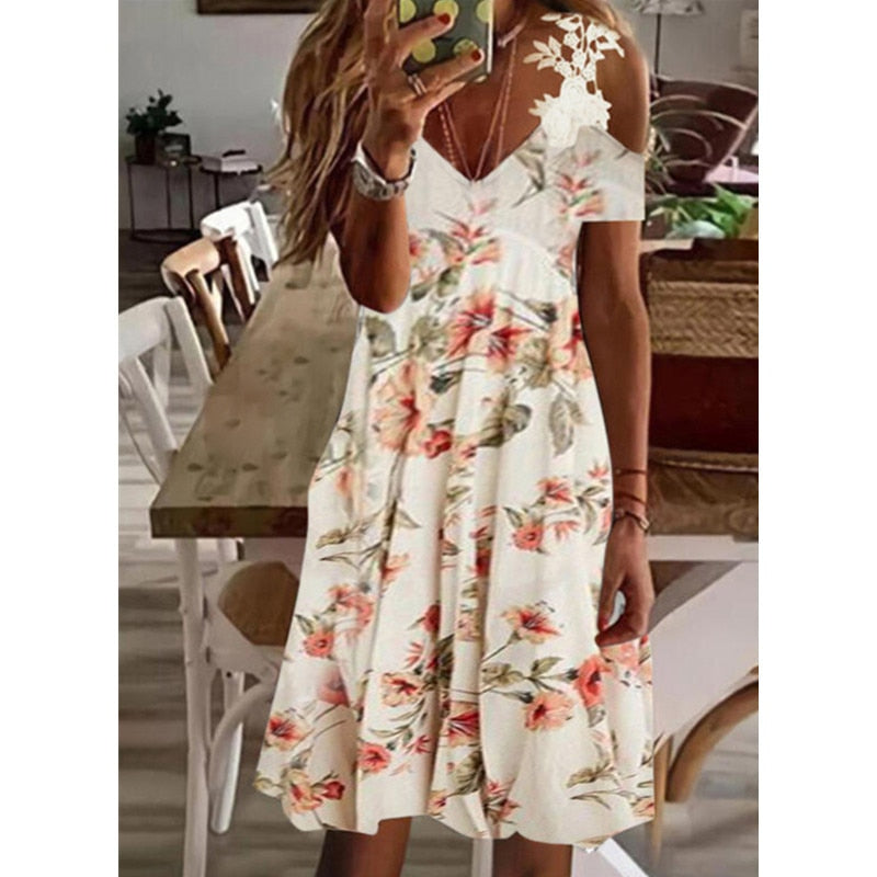 V Neck Ruffles Lace Off Shoulder Crochet Midi Dress