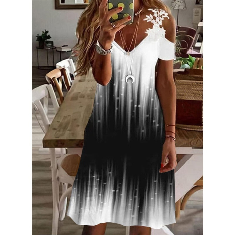 V Neck Ruffles Lace Off Shoulder Crochet Midi Dress