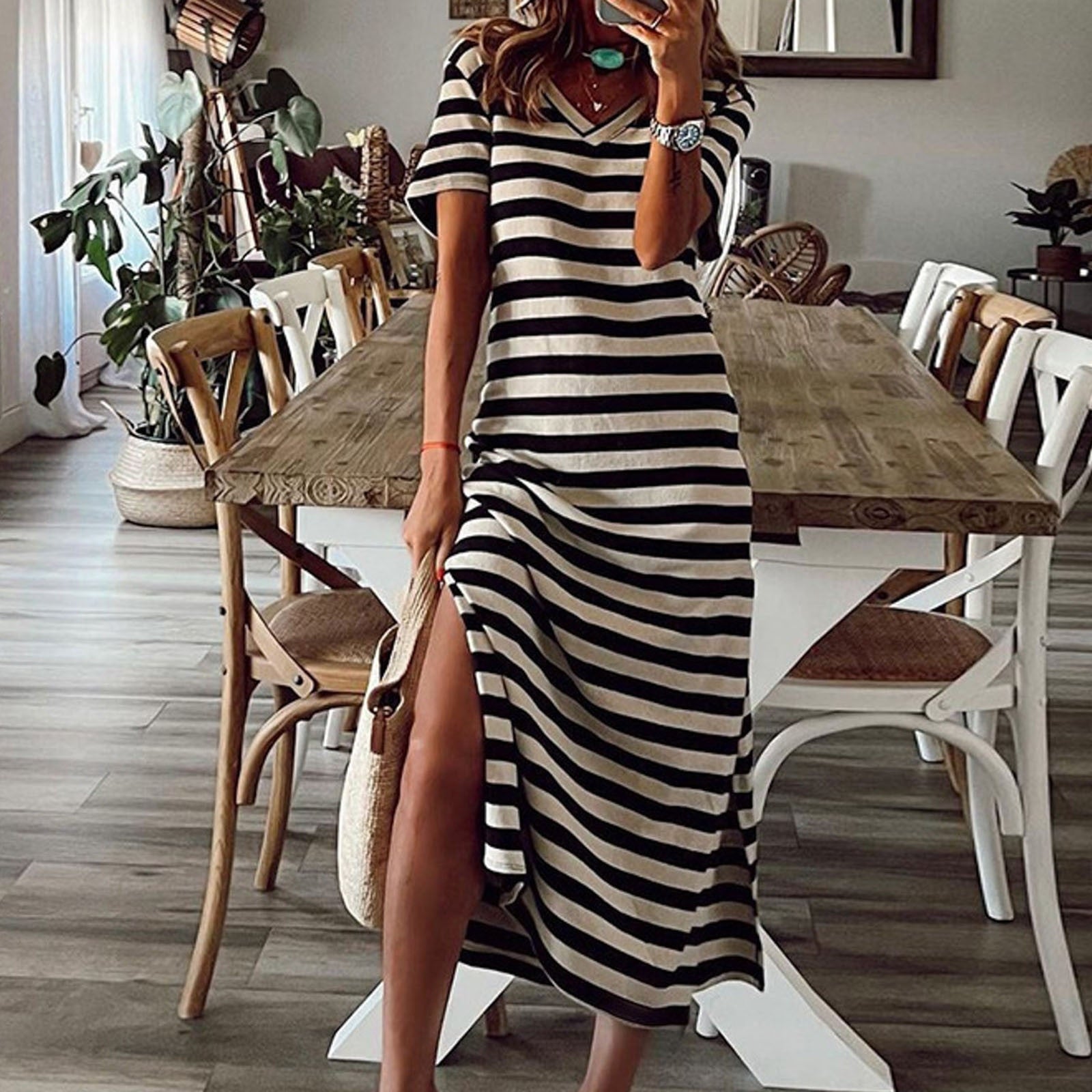 Short Sleeve Striped Split Floral  Maxi Dress