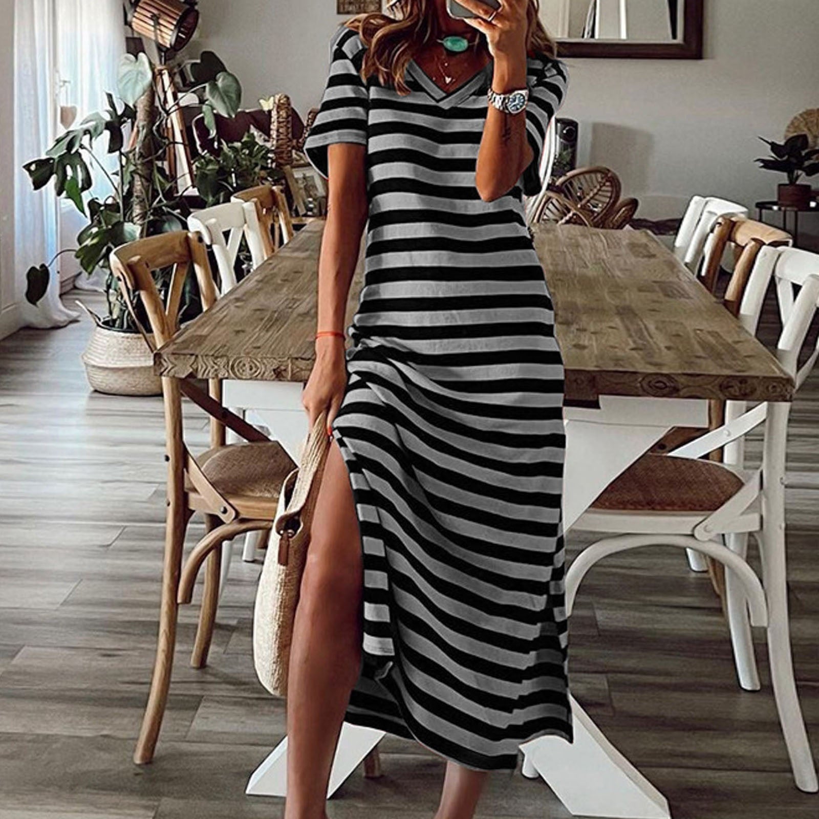 Short Sleeve Striped Split Floral  Maxi Dress