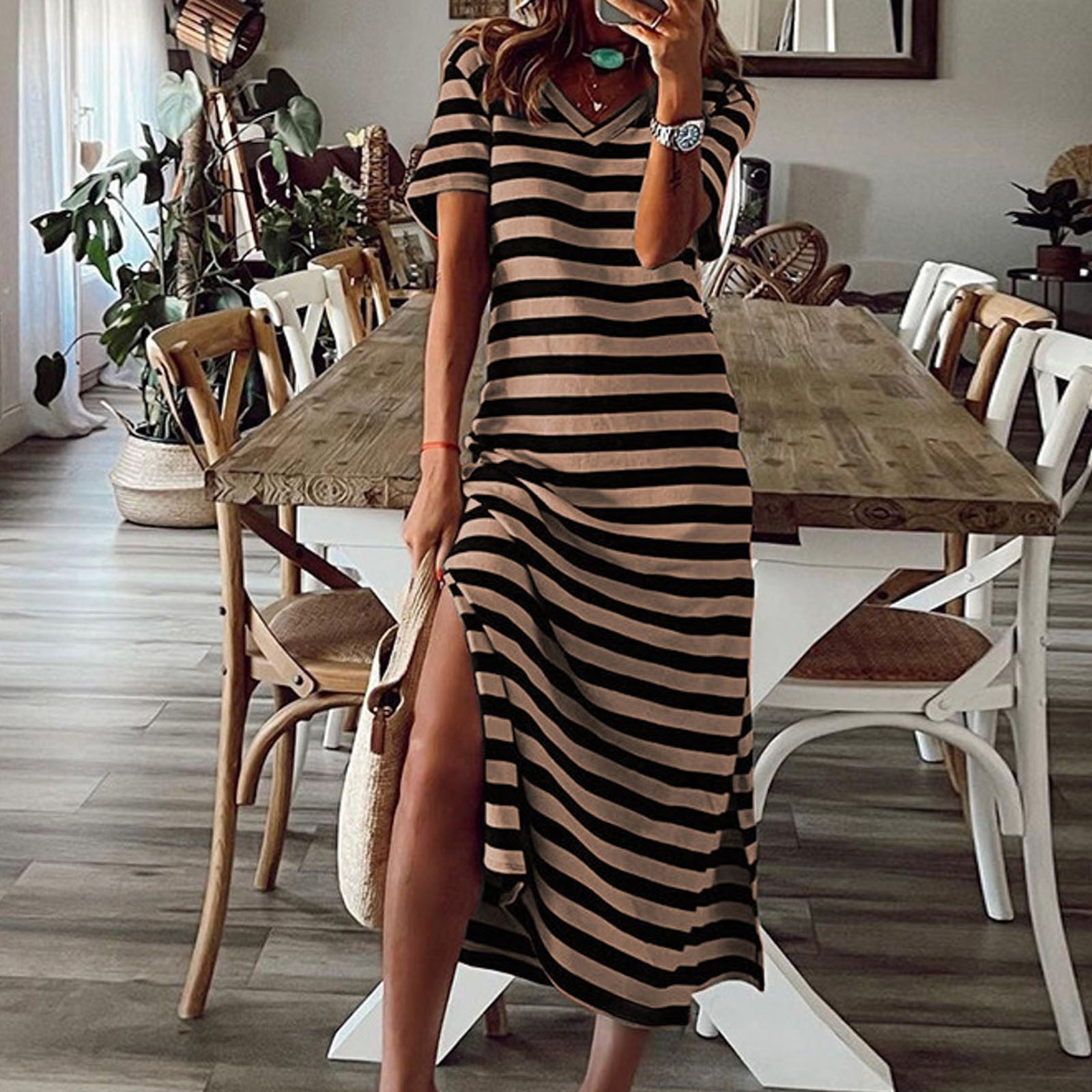 Short Sleeve Striped Split Floral  Maxi Dress