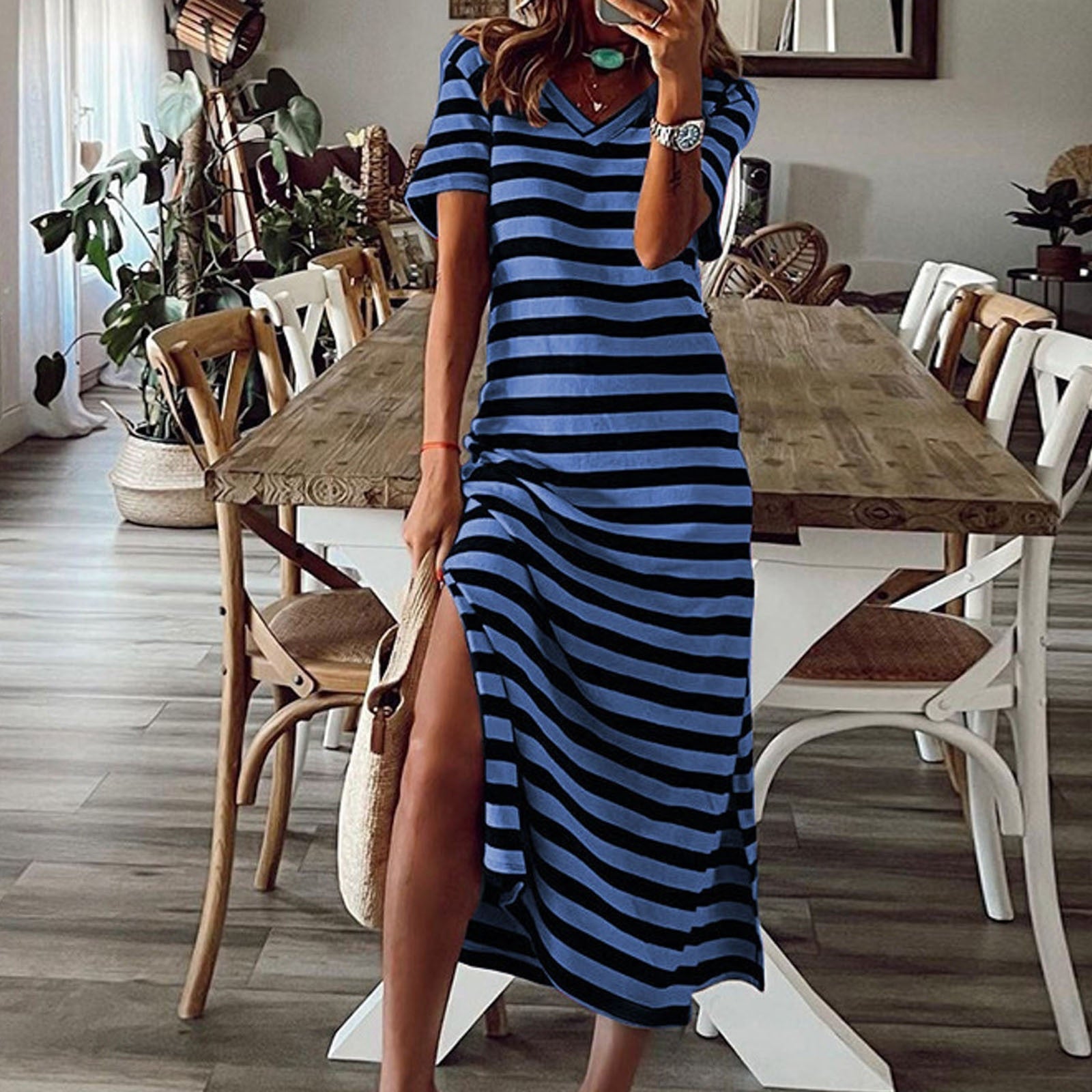 Short Sleeve Striped Split Floral  Maxi Dress