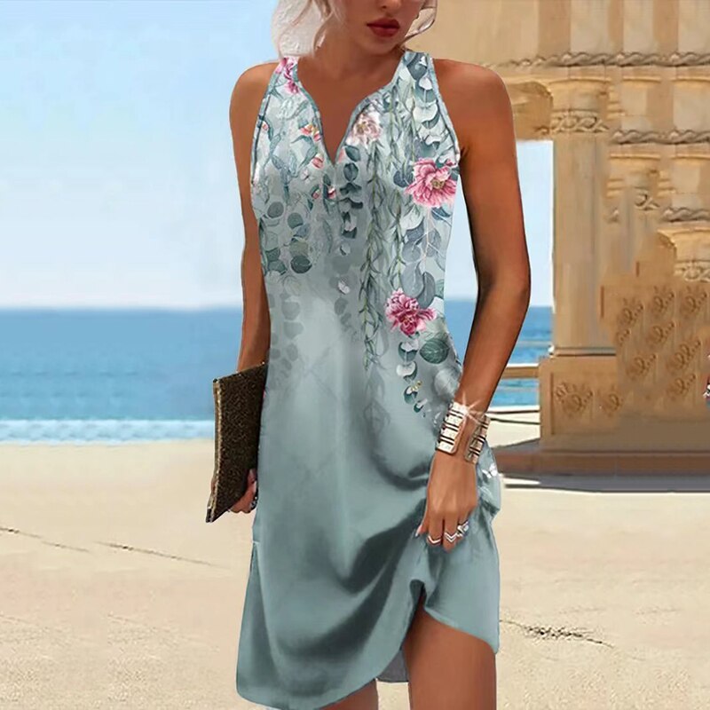 Sleeveless V-Neck Print Loose Slim Midi Dress