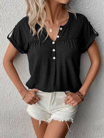 Women's Fashion Oversized Short Sleeve Solid Color V-Neck Button T-Shirt