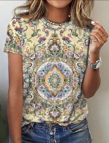 Printed Short Sleeve Pullover Round Neck Loose T-Shirt