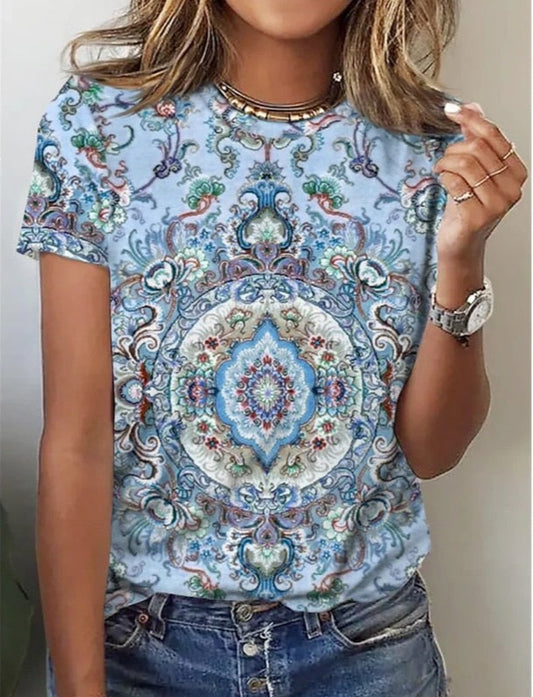 Printed Short Sleeve Pullover Round Neck Loose T-Shirt