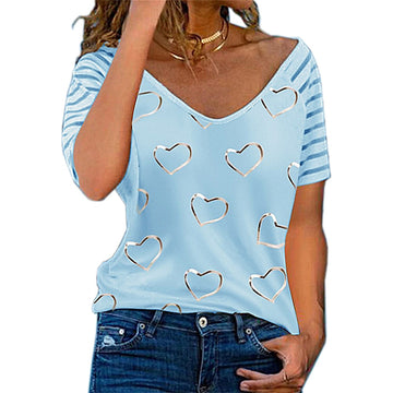 Short Sleeve Heart-shaped Print V Neck Loose Pullover T-Shirt