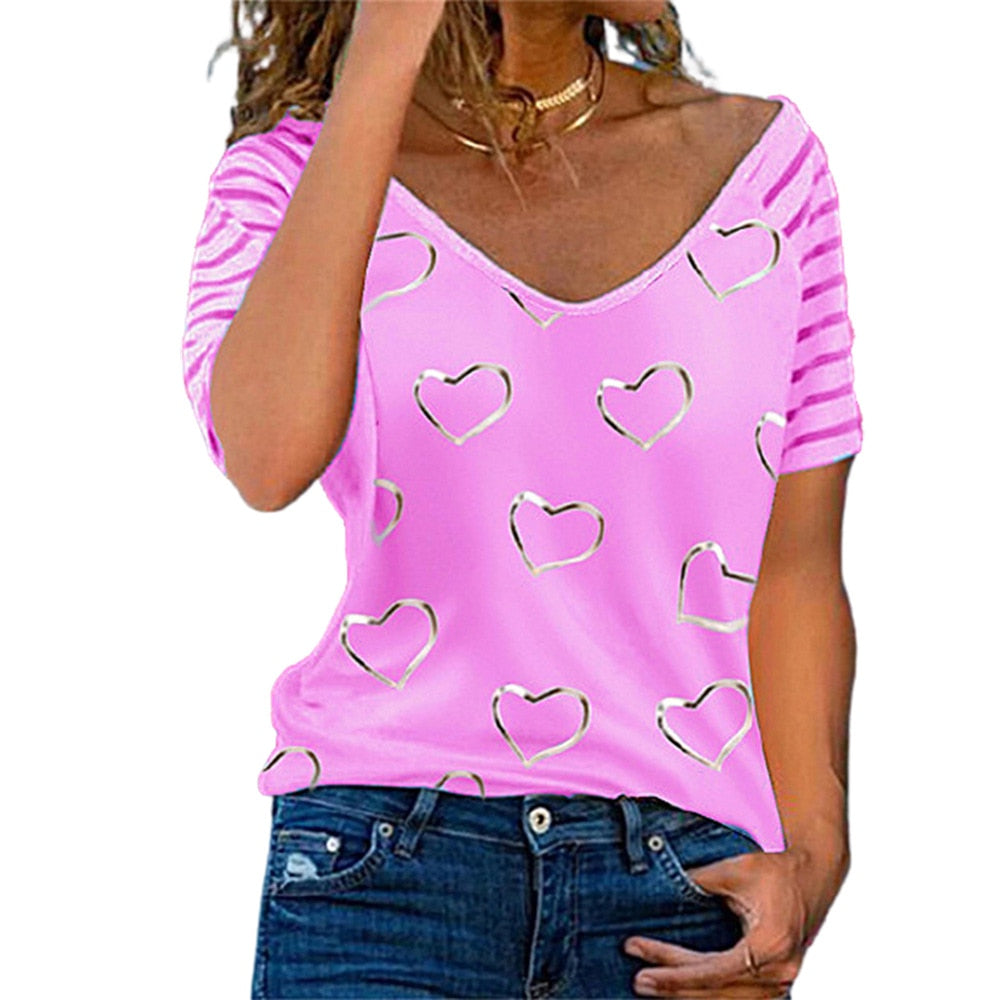 Short Sleeve Heart-shaped Print V Neck Loose Pullover T-Shirt