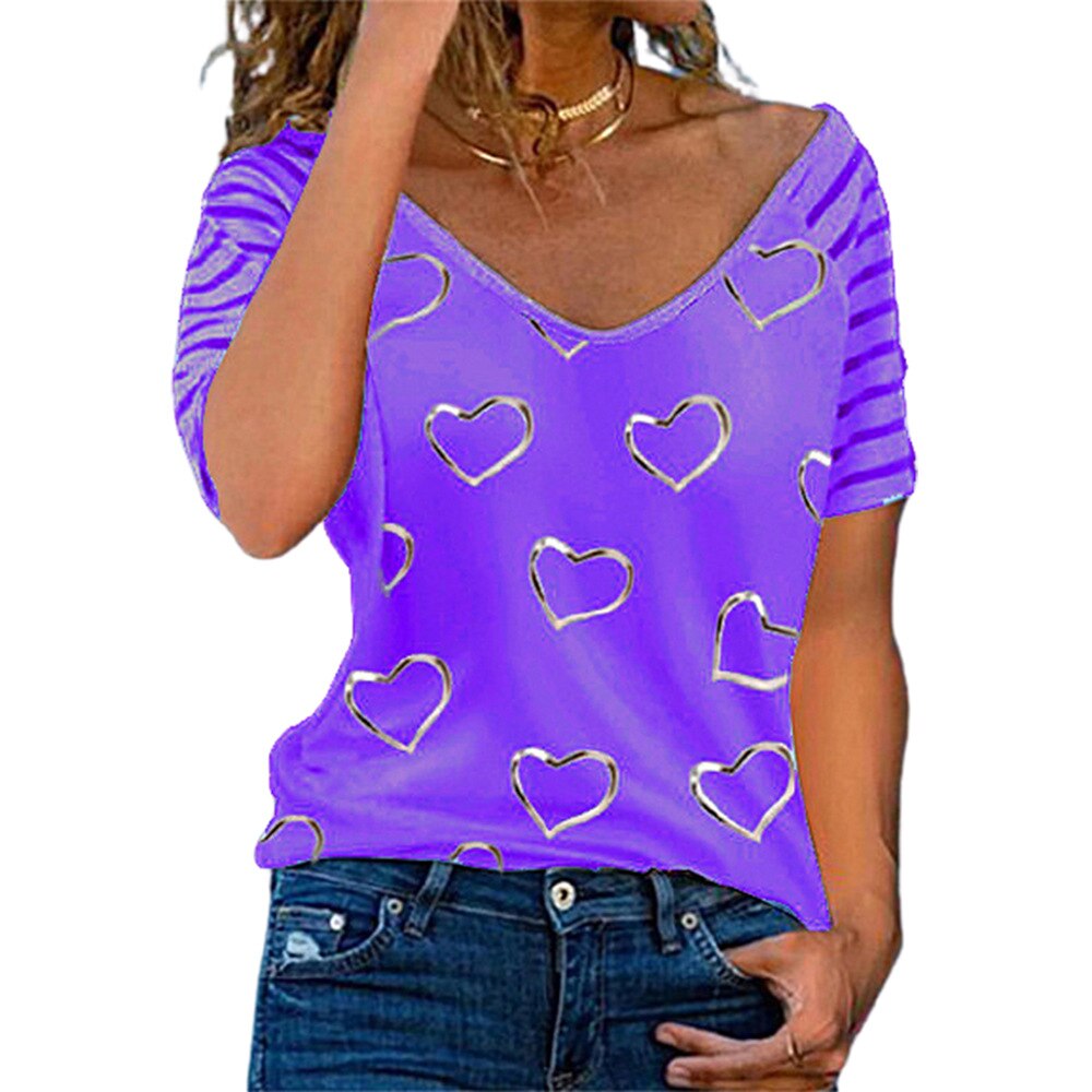 Short Sleeve Heart-shaped Print V Neck Loose Pullover T-Shirt
