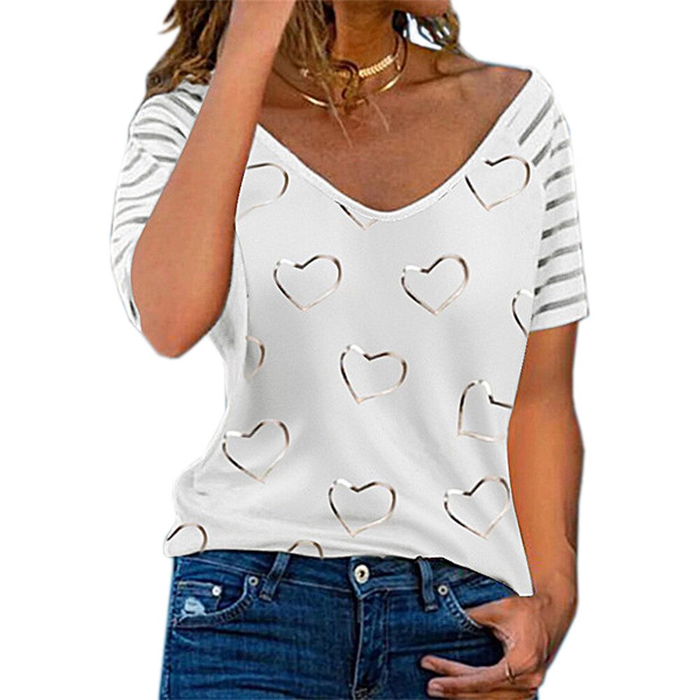 Short Sleeve Heart-shaped Print V Neck Loose Pullover T-Shirt