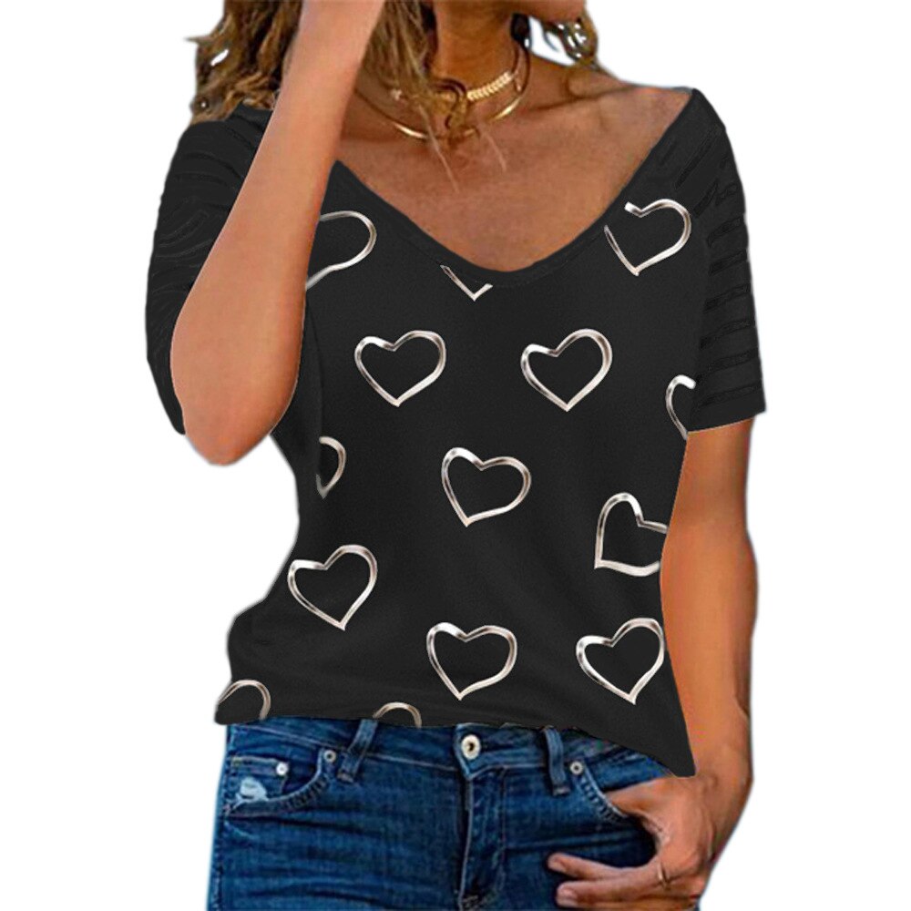 Short Sleeve Heart-shaped Print V Neck Loose Pullover T-Shirt