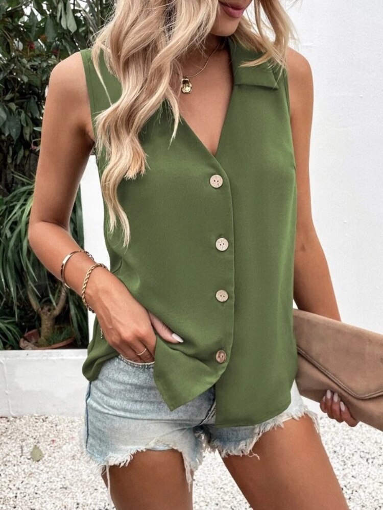 Solid Color V-Neck Sleeveless Button Tank Tops