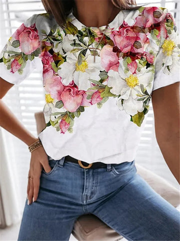 Flower Print Short Sleeve Round Neck T-Shirt