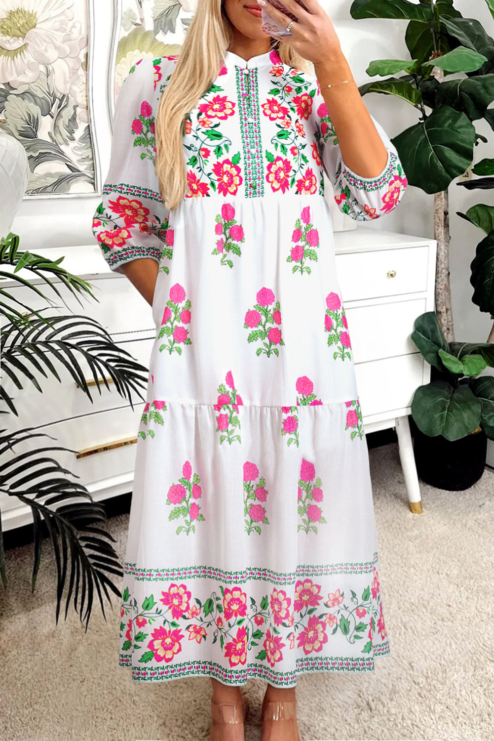 White Floral Print Half Button Mandarin Neck 3/4 Sleeve Maxi Dress