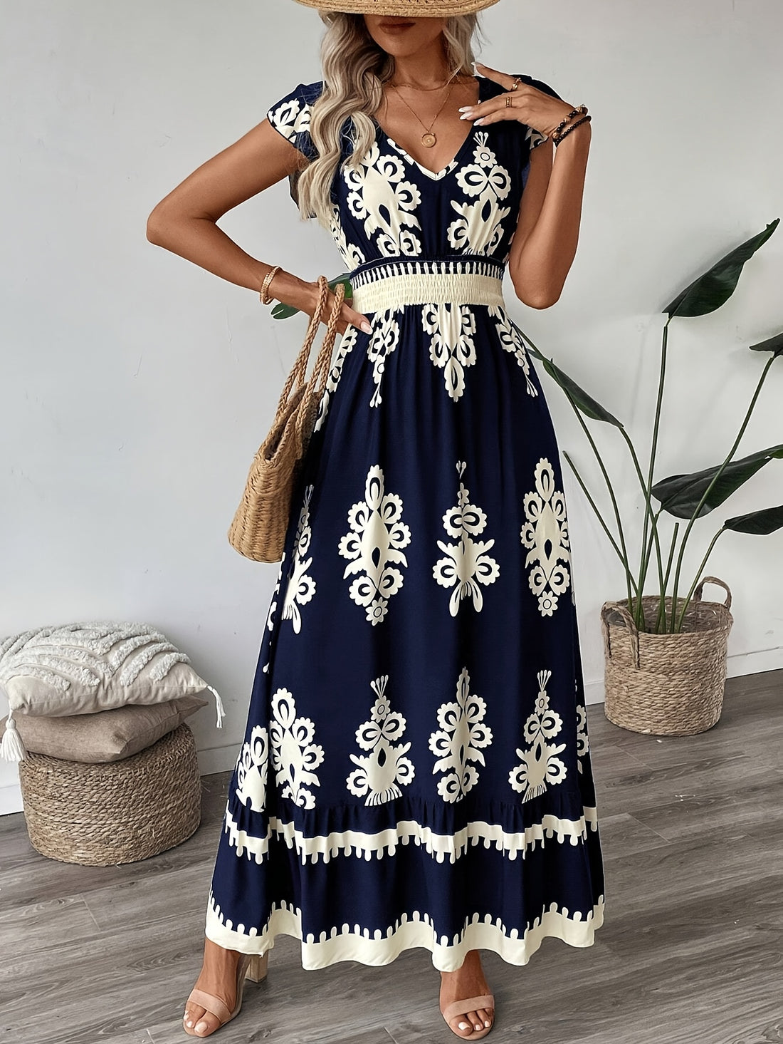 Women's Navy Blue Floral Print V-Neck A-Line Dress with Ruffled Cap Sleeves