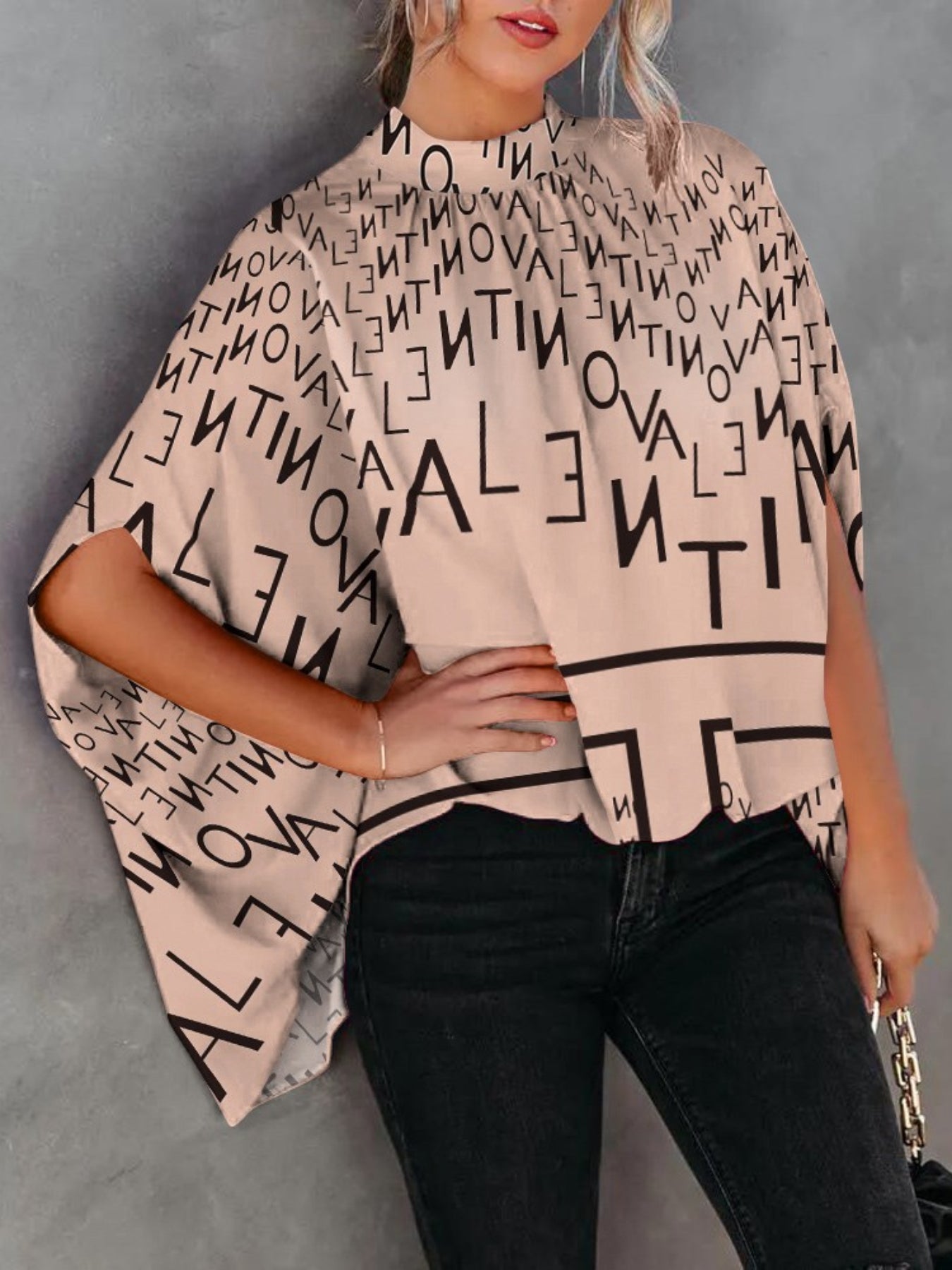 Asymmetrical High Neck Batwing Sleeve Shirt, Letter Print Elegant Summer Stretchy Shirt