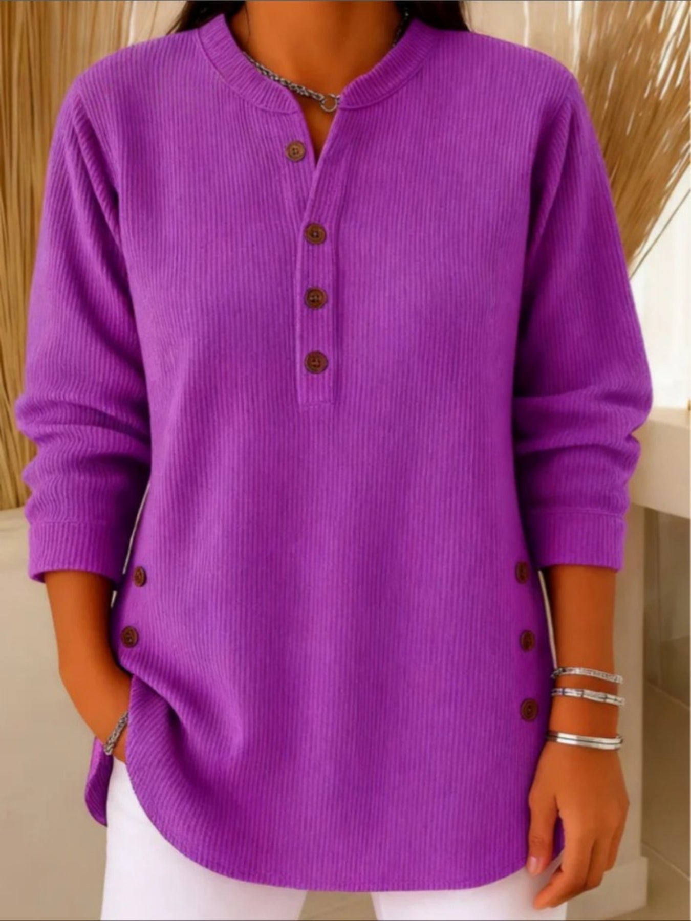Corduroy Solid Color Loose Casual V-Neck Button Long Sleeve Top
