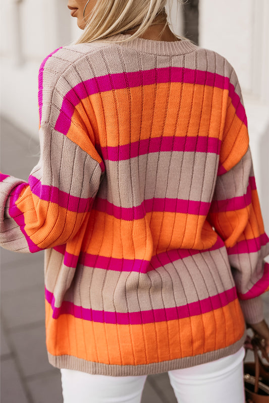 Orange Striped Colorblock Drop Shoulder Slouchy Cardigan