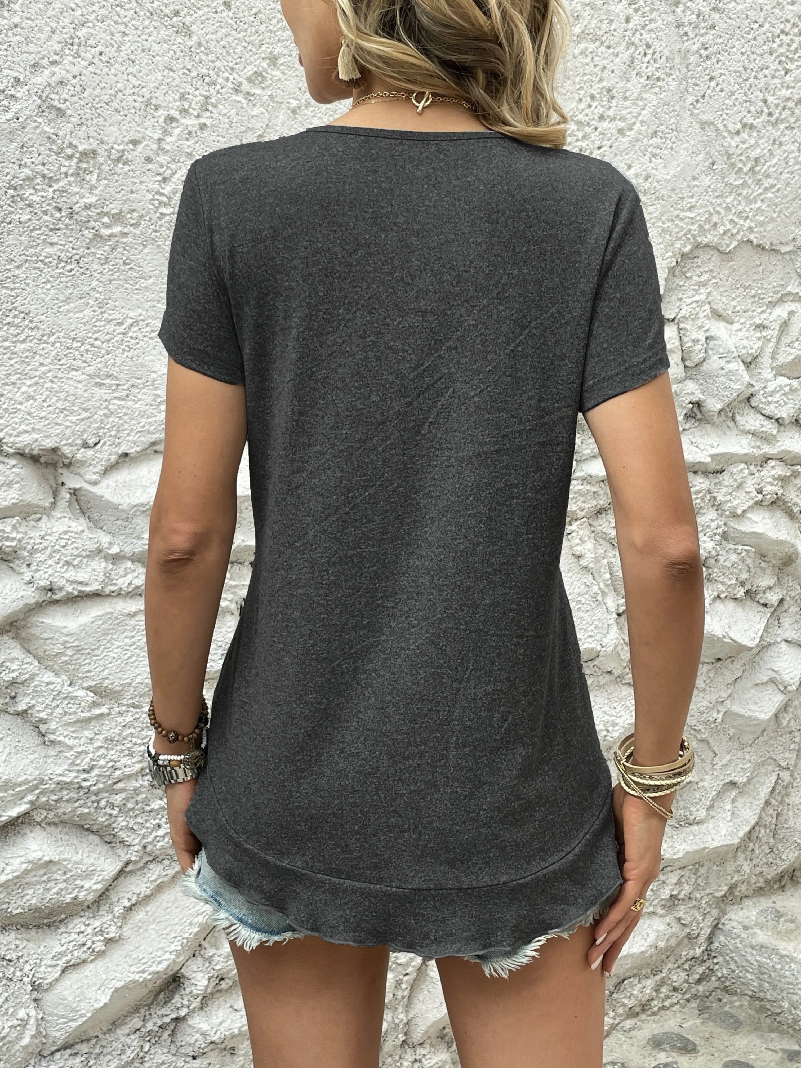 Asymmetrical Ruffle Hem T-Shirt, Casual Crew Neck Short Sleeve T-Shirt