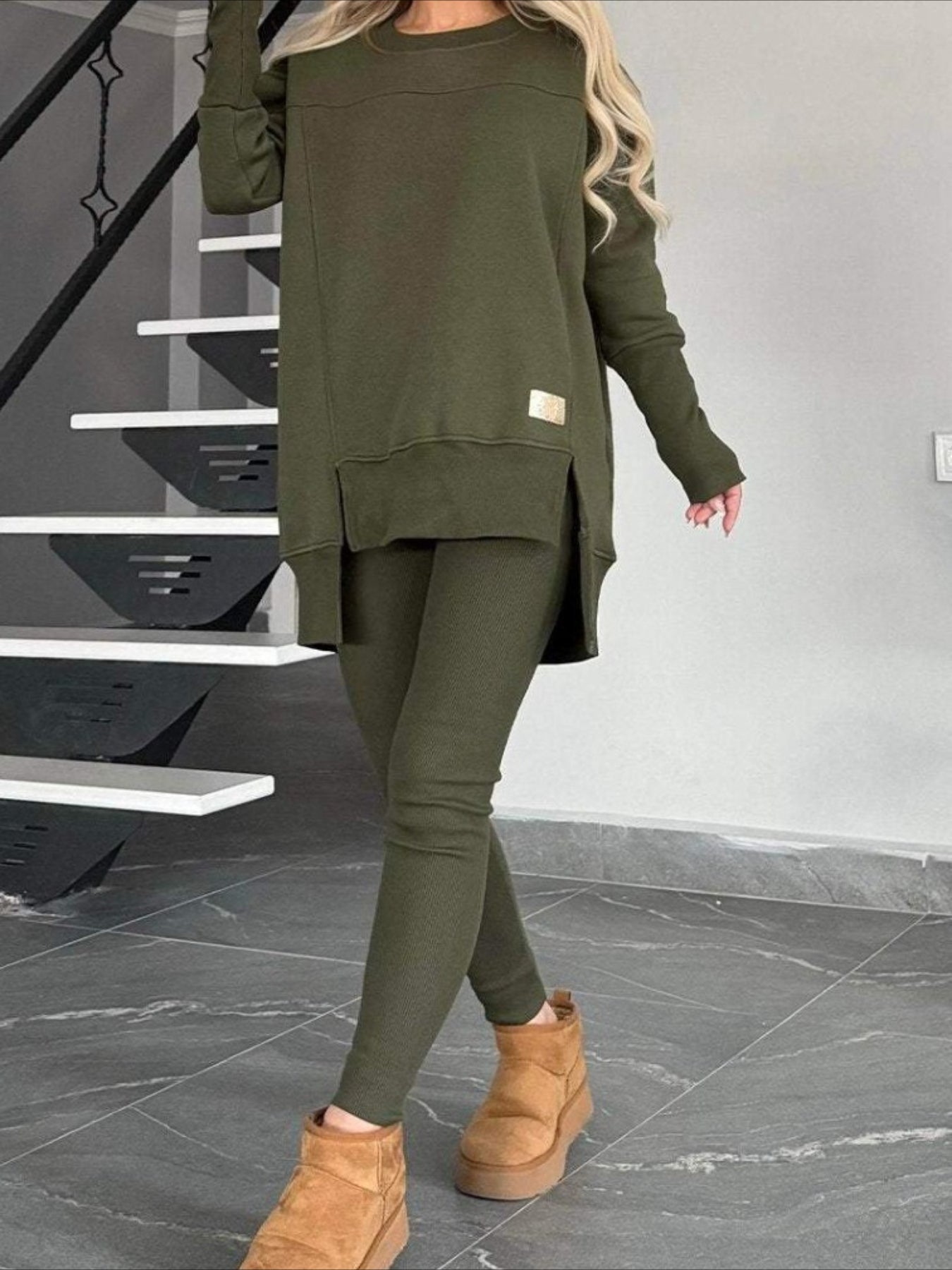 Slit Round Neck Top and Pants Set
