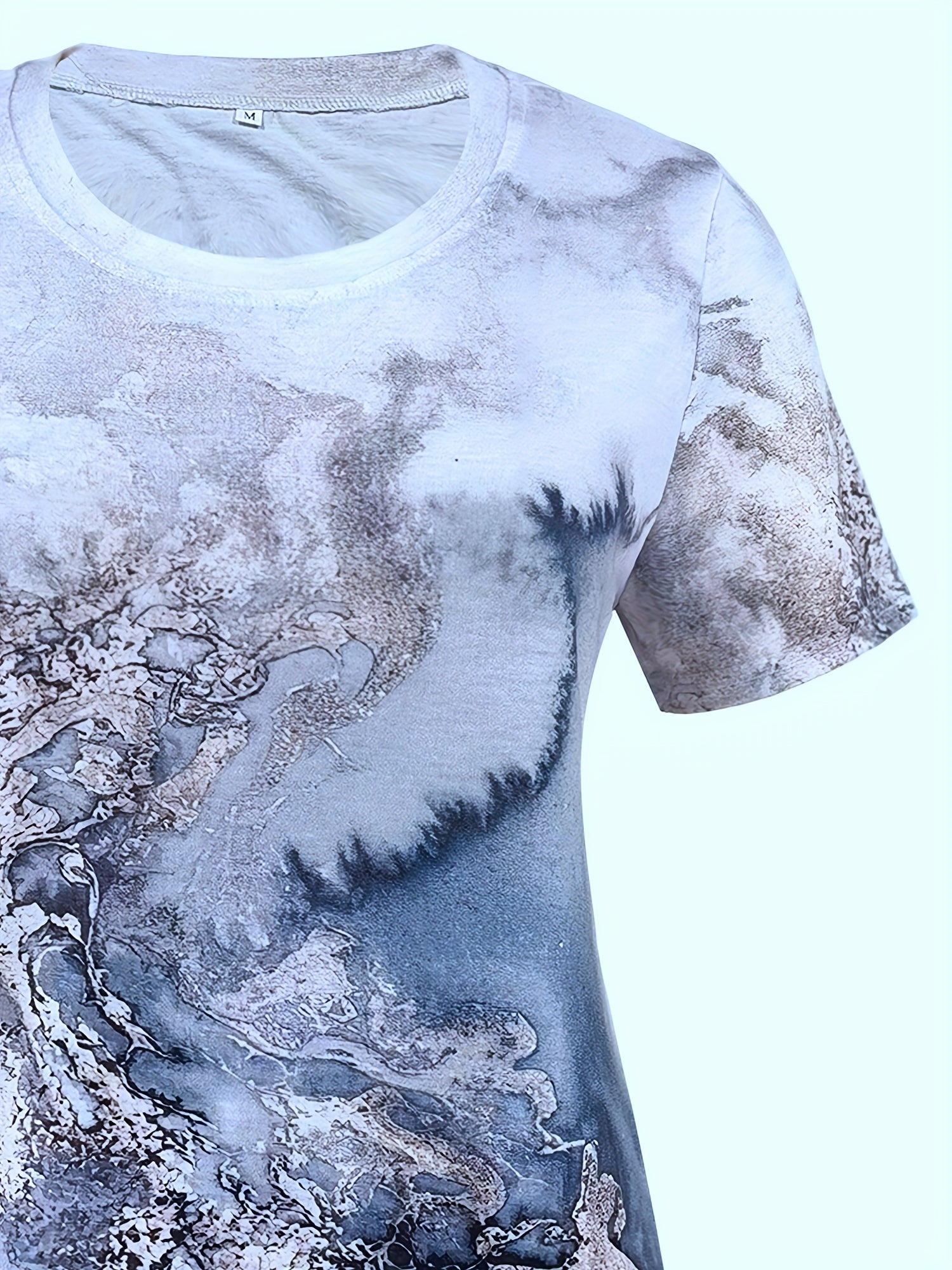 Marble Print Crew Neck T-shirt, Casual Short Sleeve Summer Mid Length T-shirt