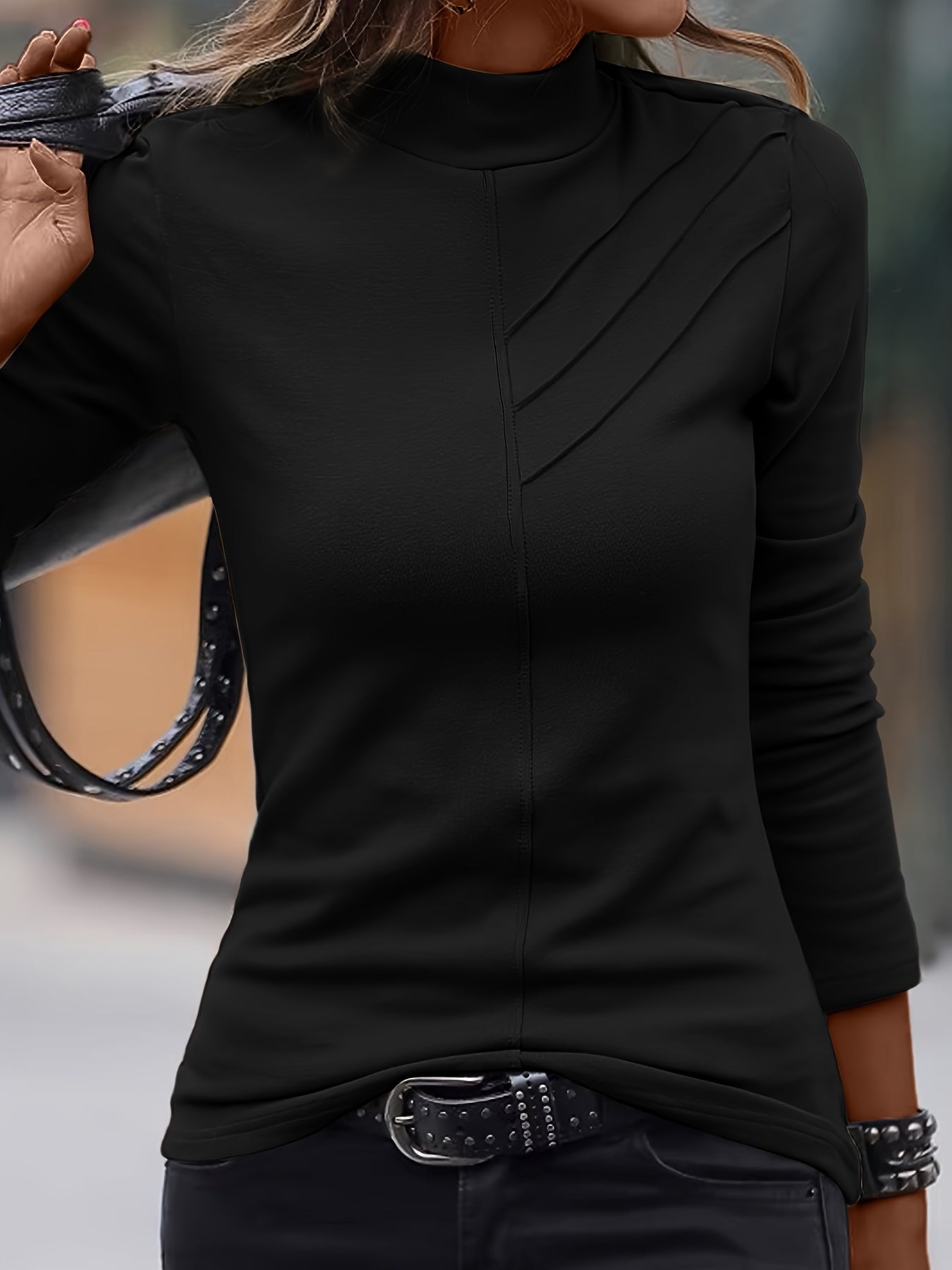 Solid Mock Neck T-Shirt, Casual Long Sleeve Top