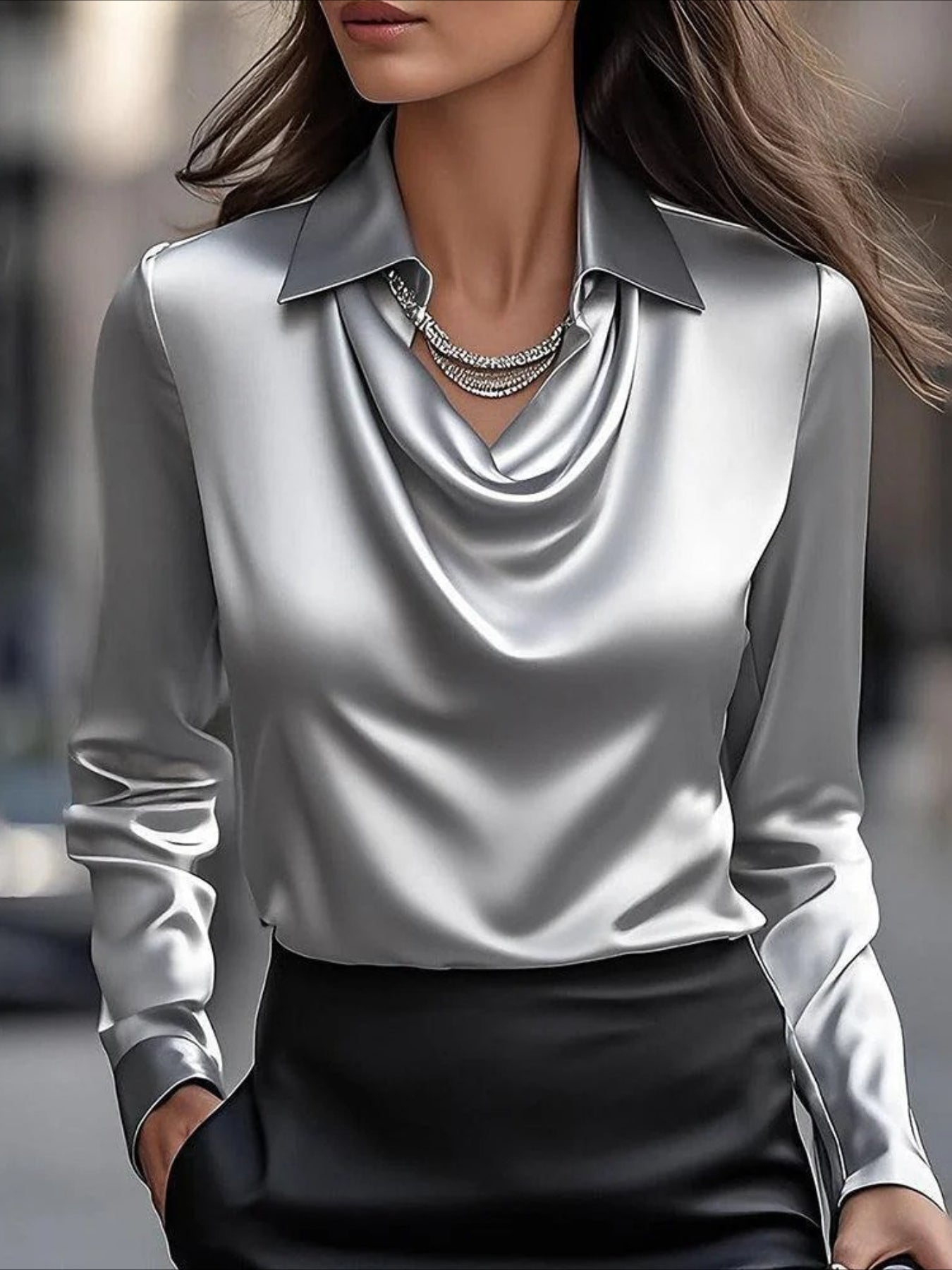 Cowl Neck Long Sleeve Plain Regular Regular Fit Shirt