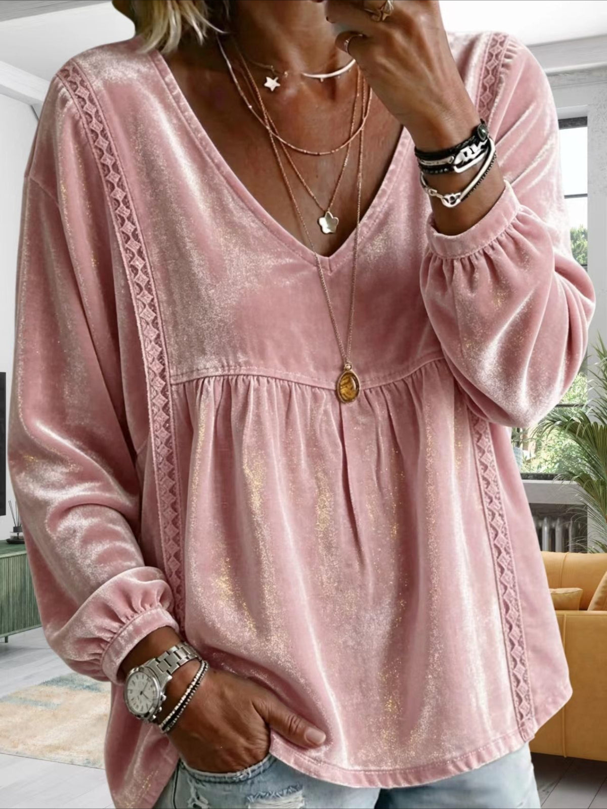 V-Neck Lace Trim Long Sleeve Velvet Blouse