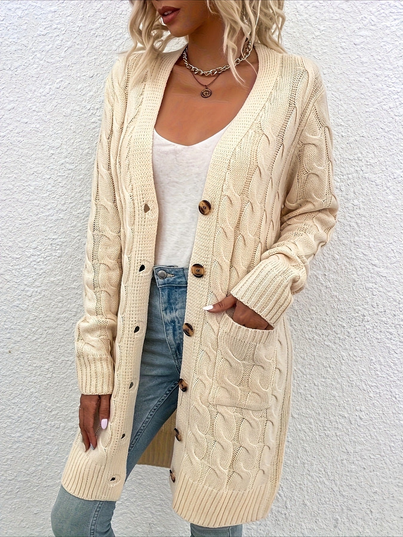 Elegant Long Nylon Soft Warm V-Neck Long Sleeves Sweater with Button Front