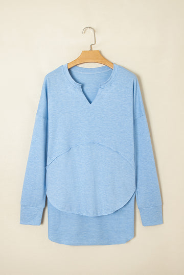 Myosotis Notched Neck Terry Raw Hem Long Sleeve Top