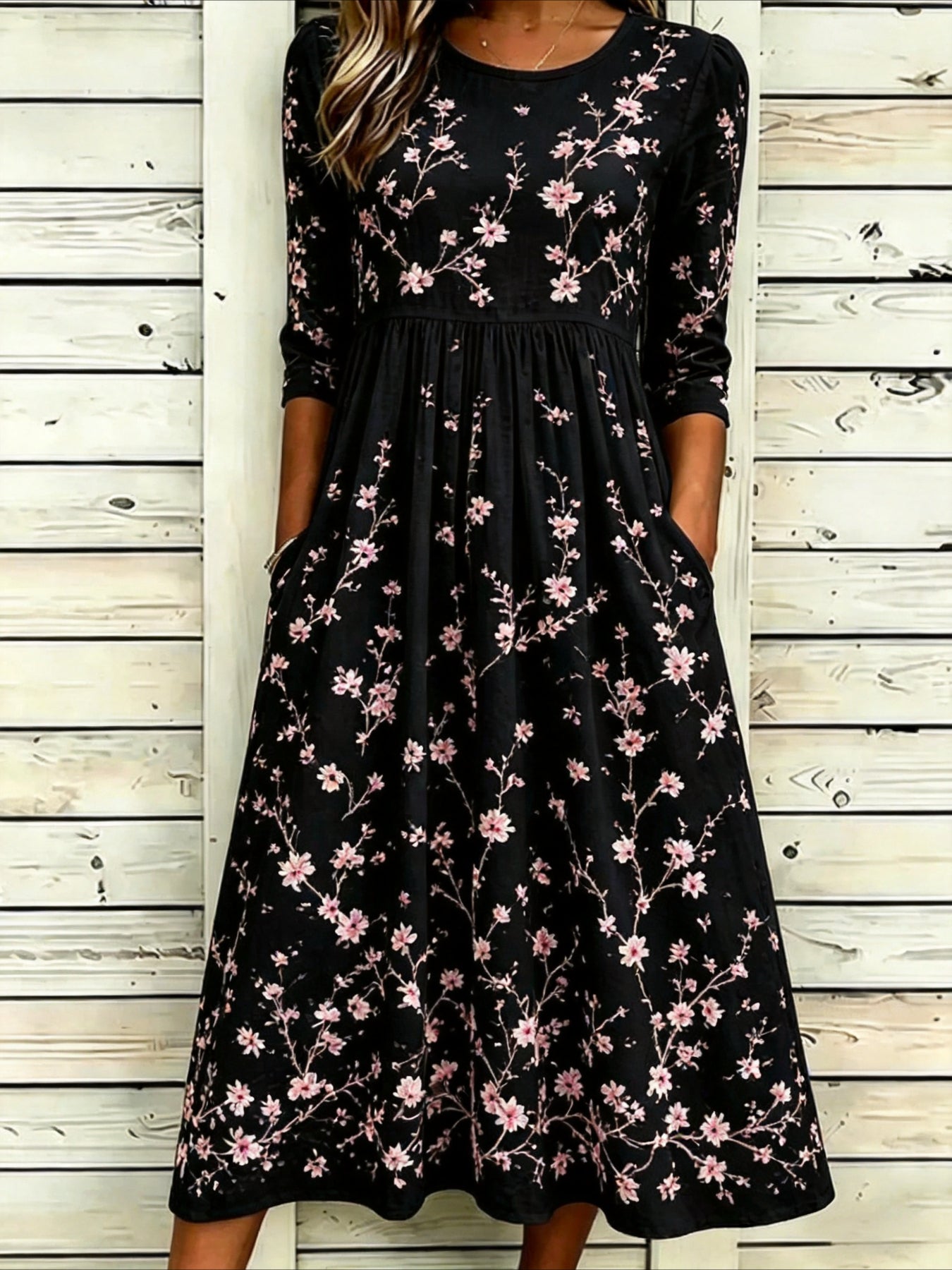 Flower Casual Round Neck Half Sleeve Mid Dress