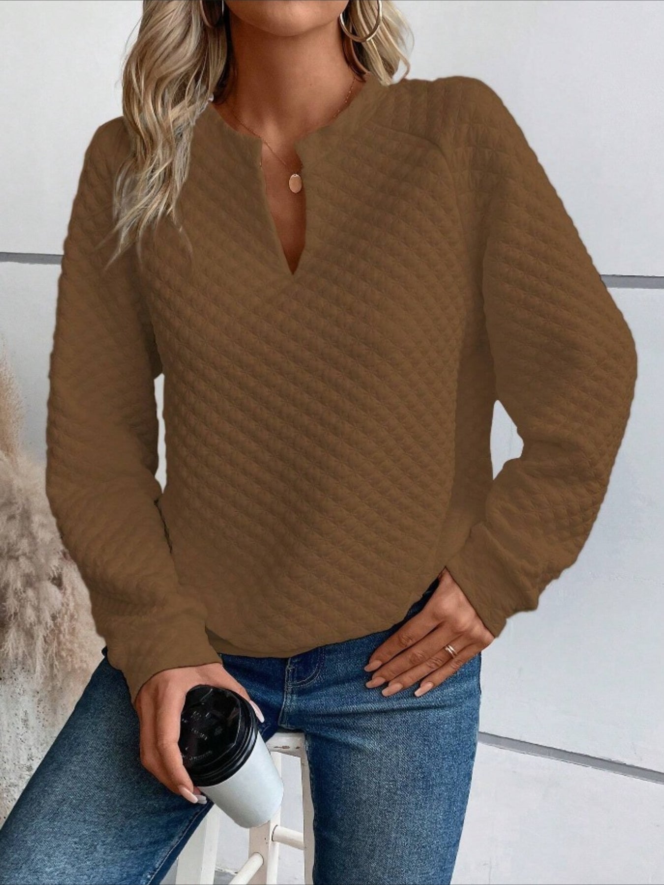 Cozy Textured Pullover Soft Long Sleeve Notch Neck Casual Sweatshirt