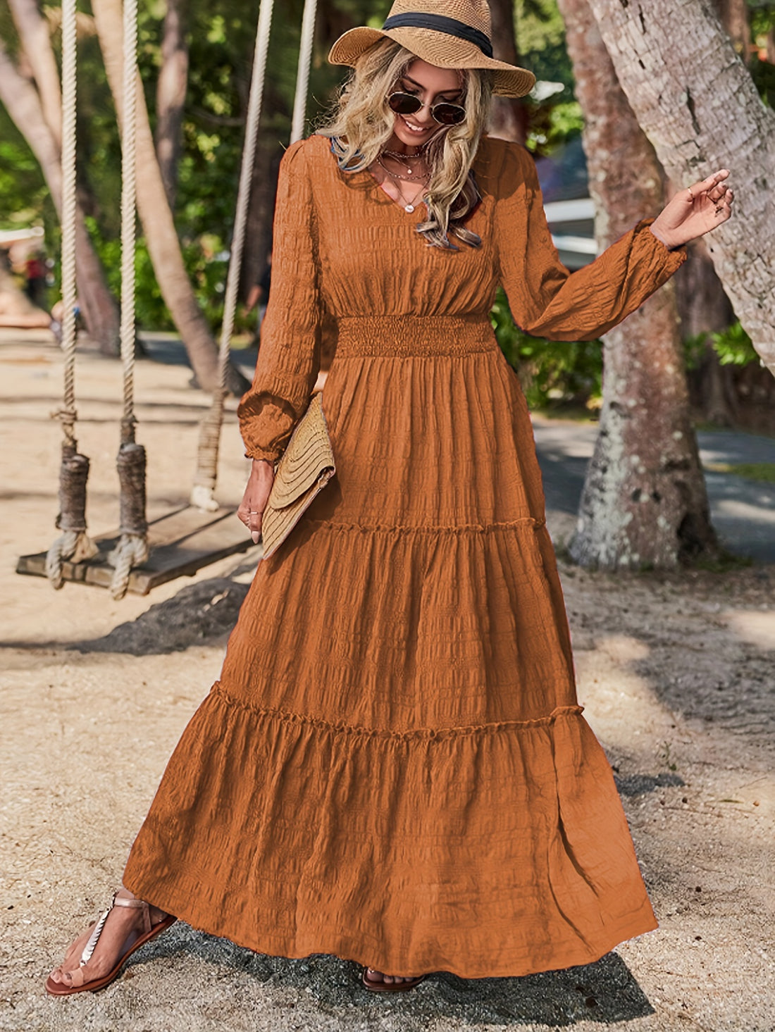 Solid V-neck Textured Maxi Dress, Vacation Style Smocked Long Sleeve Dress