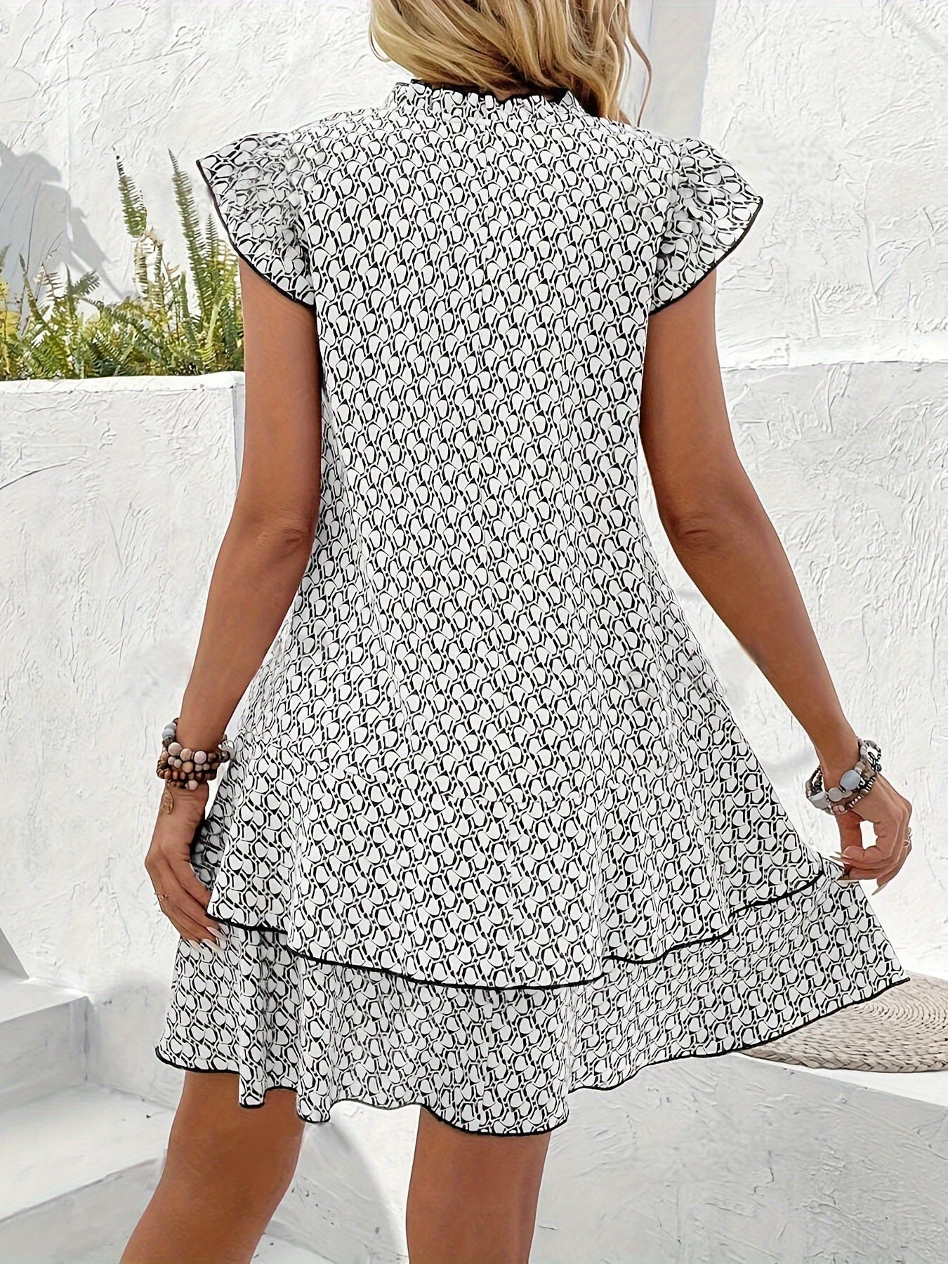 Allover Print Ruffle Trim Dress, Elegant Tie Neck Layered Dress
