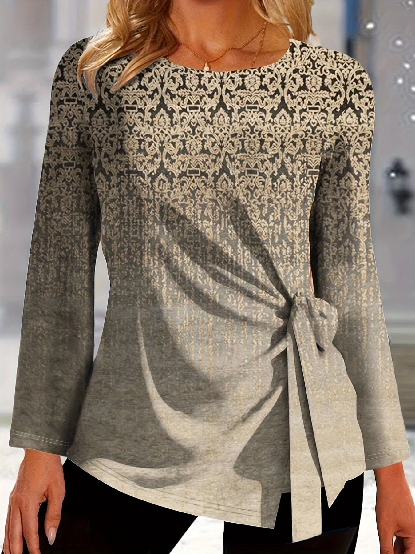 All Over Print Tie Front T-Shirt, Casual Long Sleeve Top