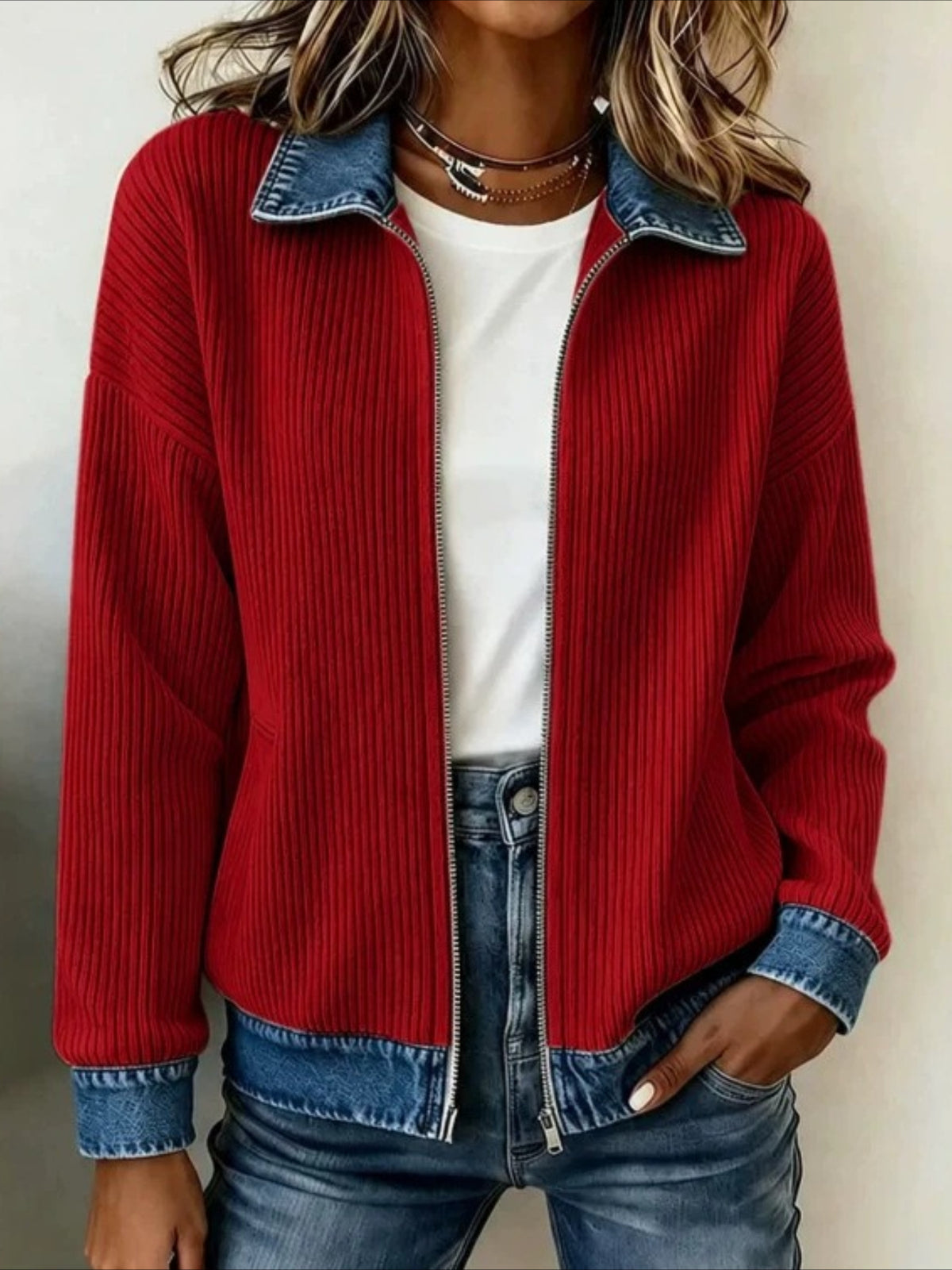 Zip-Up Corduroy Jacket with Denim-Look Trim