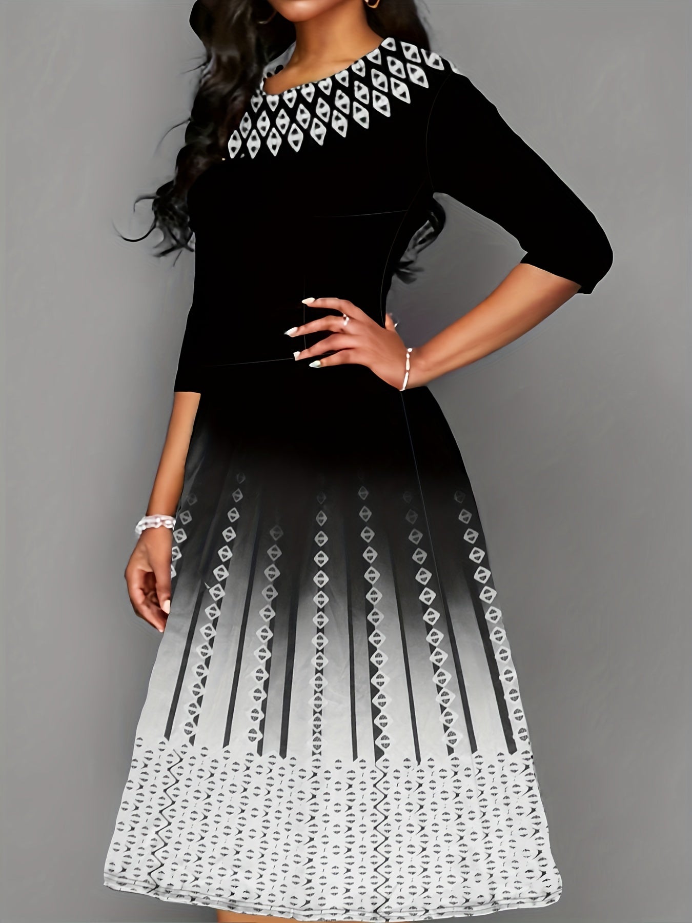 Argyle Print Color Block Dress, Casual Crew Neck Half Sleeve Midi Dress