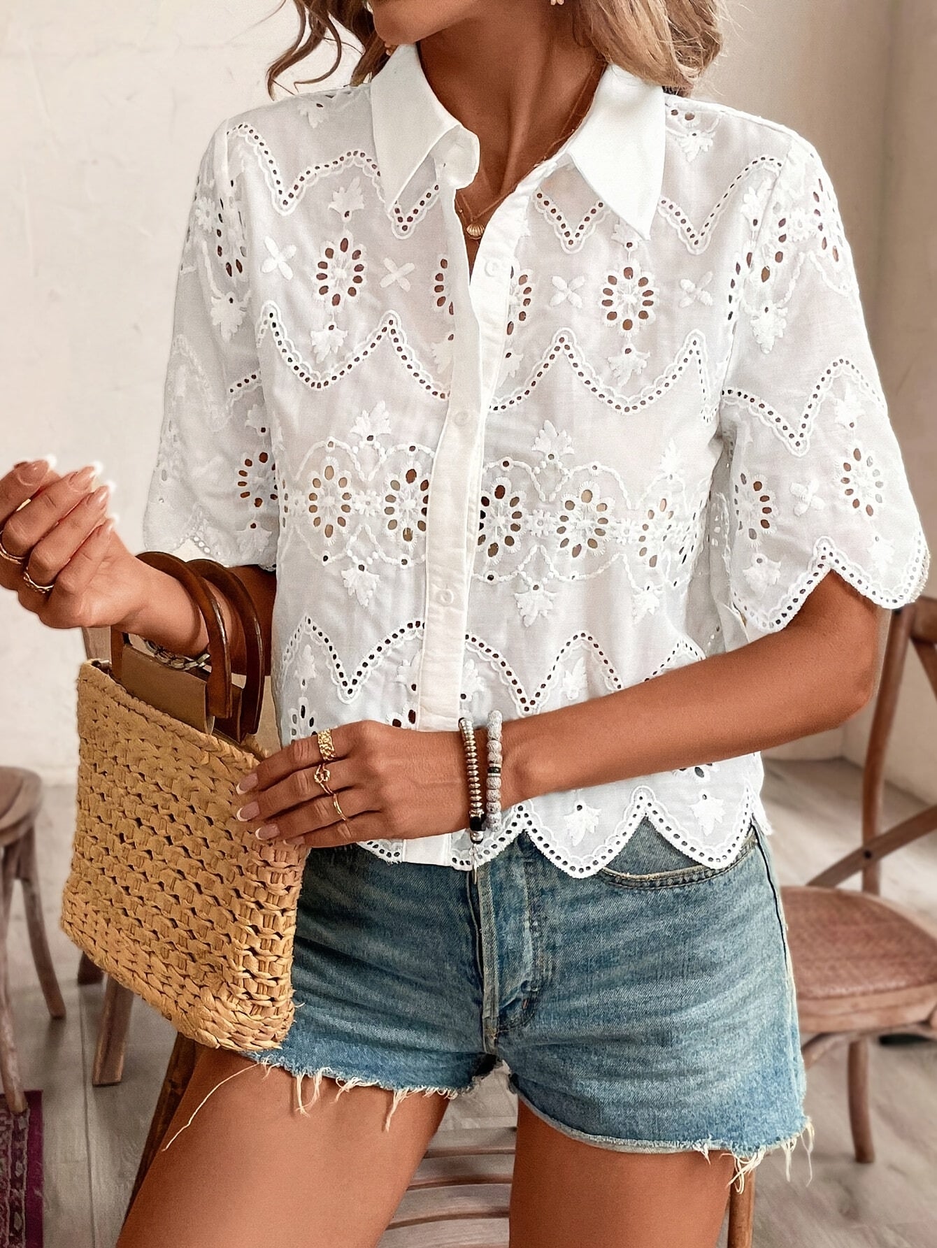 Elegant Lapel Collar Solid Color Short Sleeve Shirt with Hollow Out Design