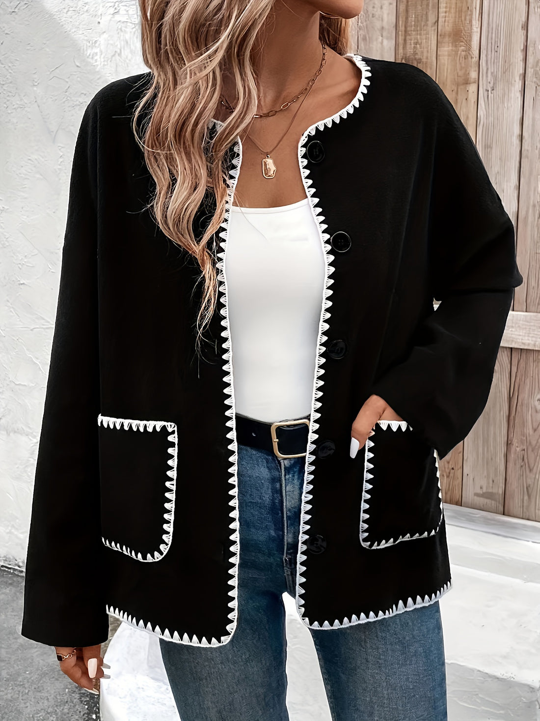 Contrast Trim Open Front Jacket, Elegant Long Sleeve Jacket