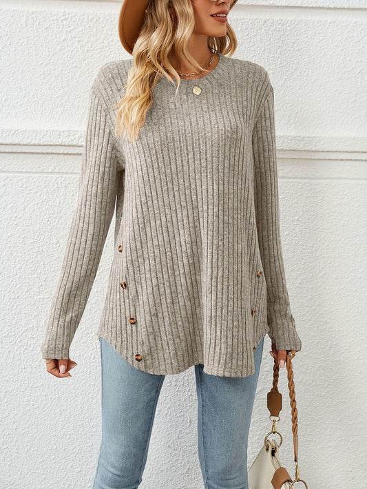 Solid Crew Neck Rib Knit Top, Casual Button Long Sleeve Loose Sweater