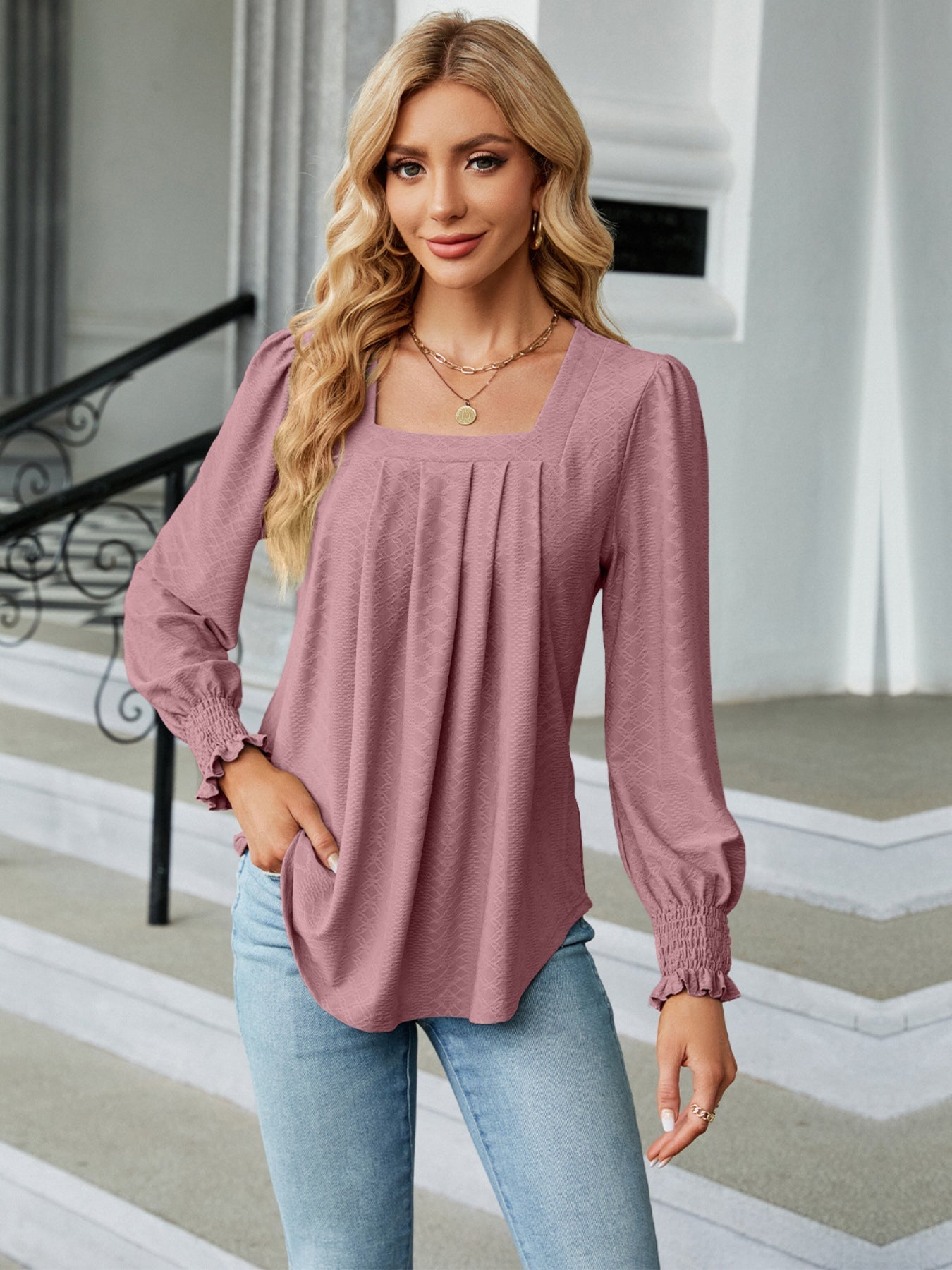 Elegant T-shirt, Women's  Argyle Textured Shirred Lantern Sleeve Square Neck Ruched Top