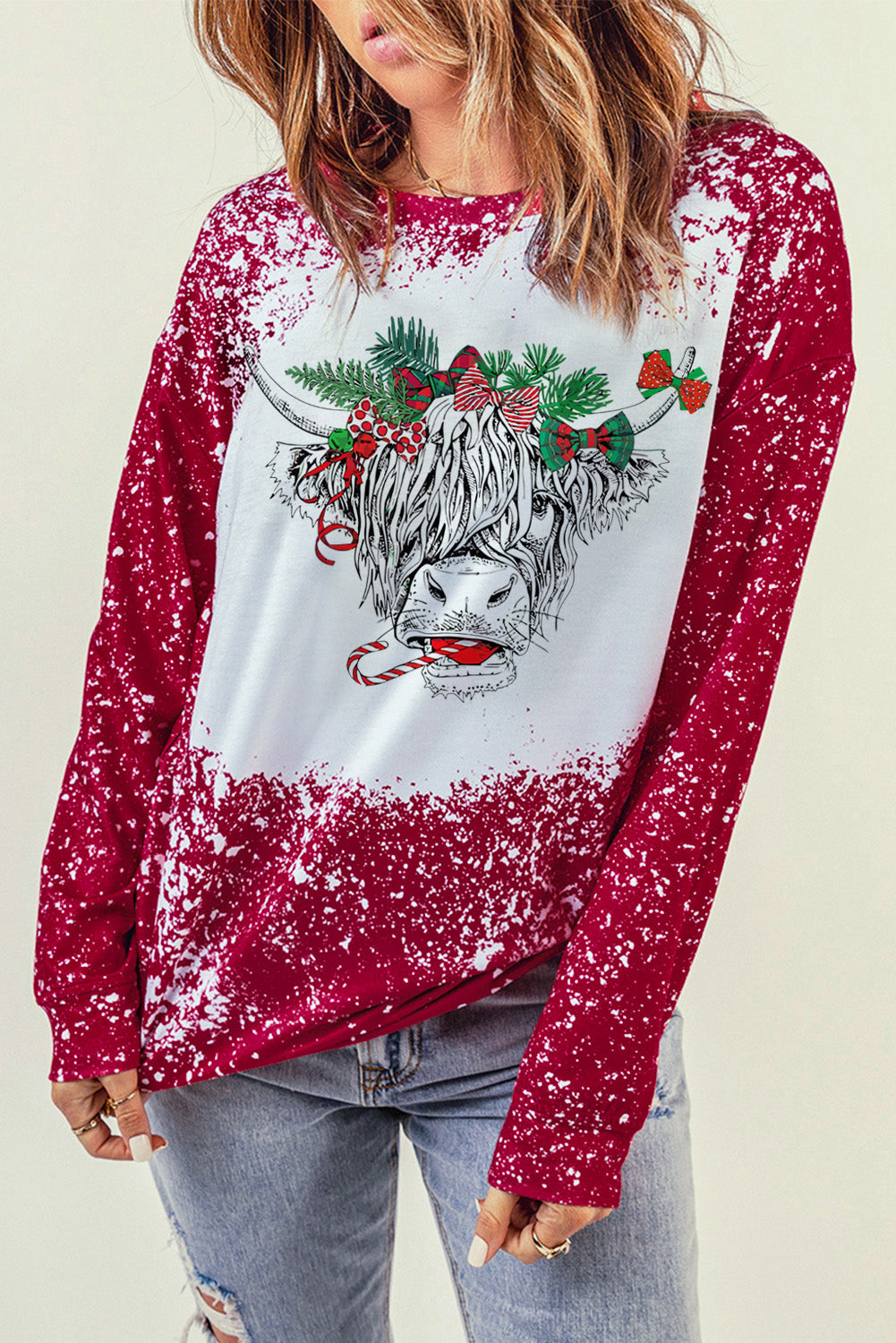 Fiery Red Christmas Cow Bleach Print Long Sleeve Sweatshirt