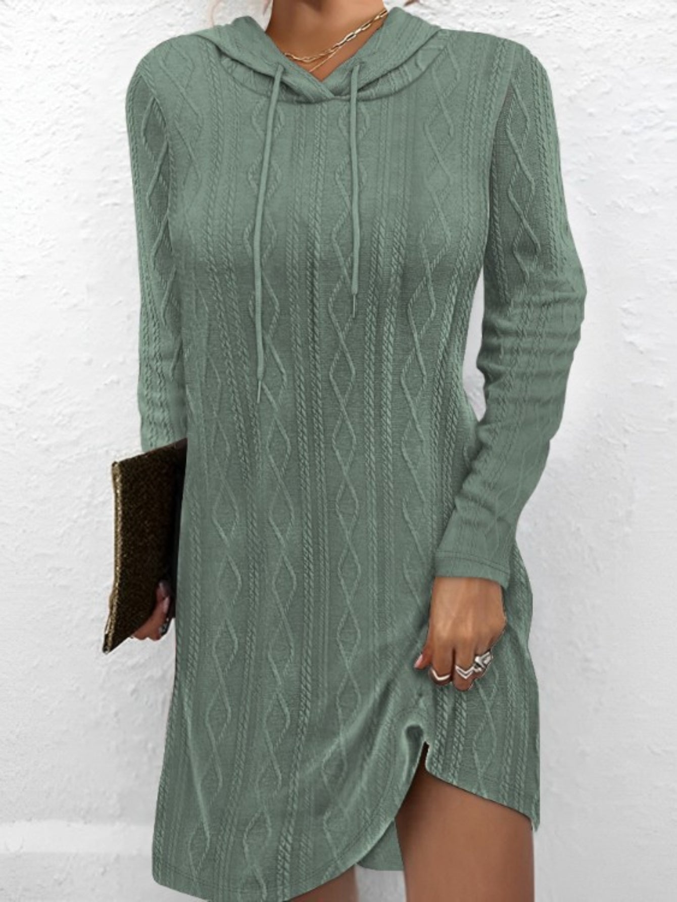Textured Drawstring Hooded Dress, Casual Long Sleeve Above Knee Dress