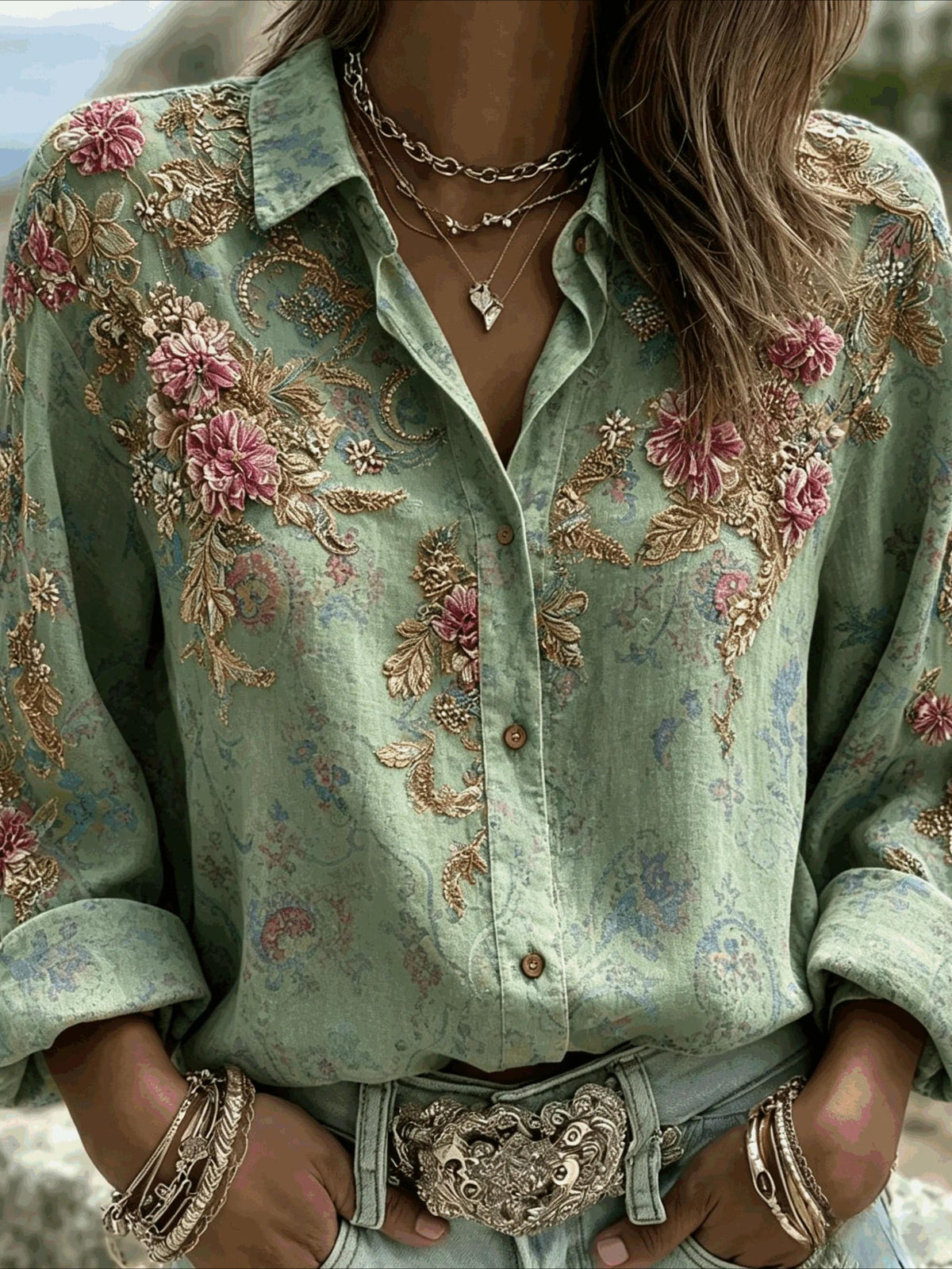 Flower Prints Shirt Collar Casual Long Sleeve Blouse