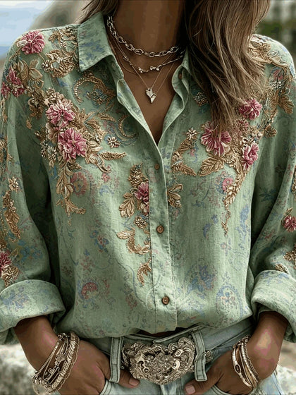 Flower Prints Shirt Collar Casual Long Sleeve Blouse