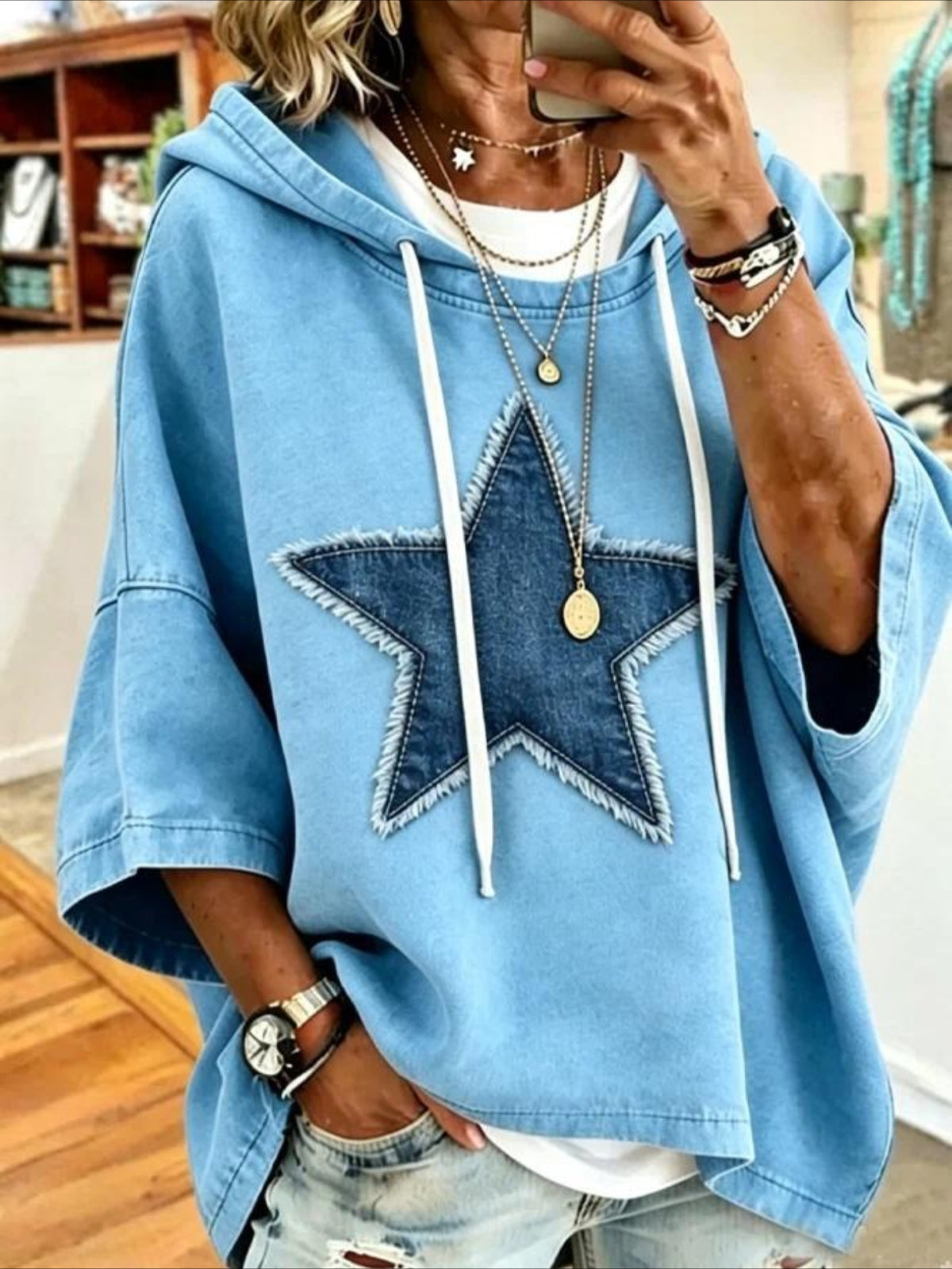 Casual Star Printing Half Sleeve Hoodie