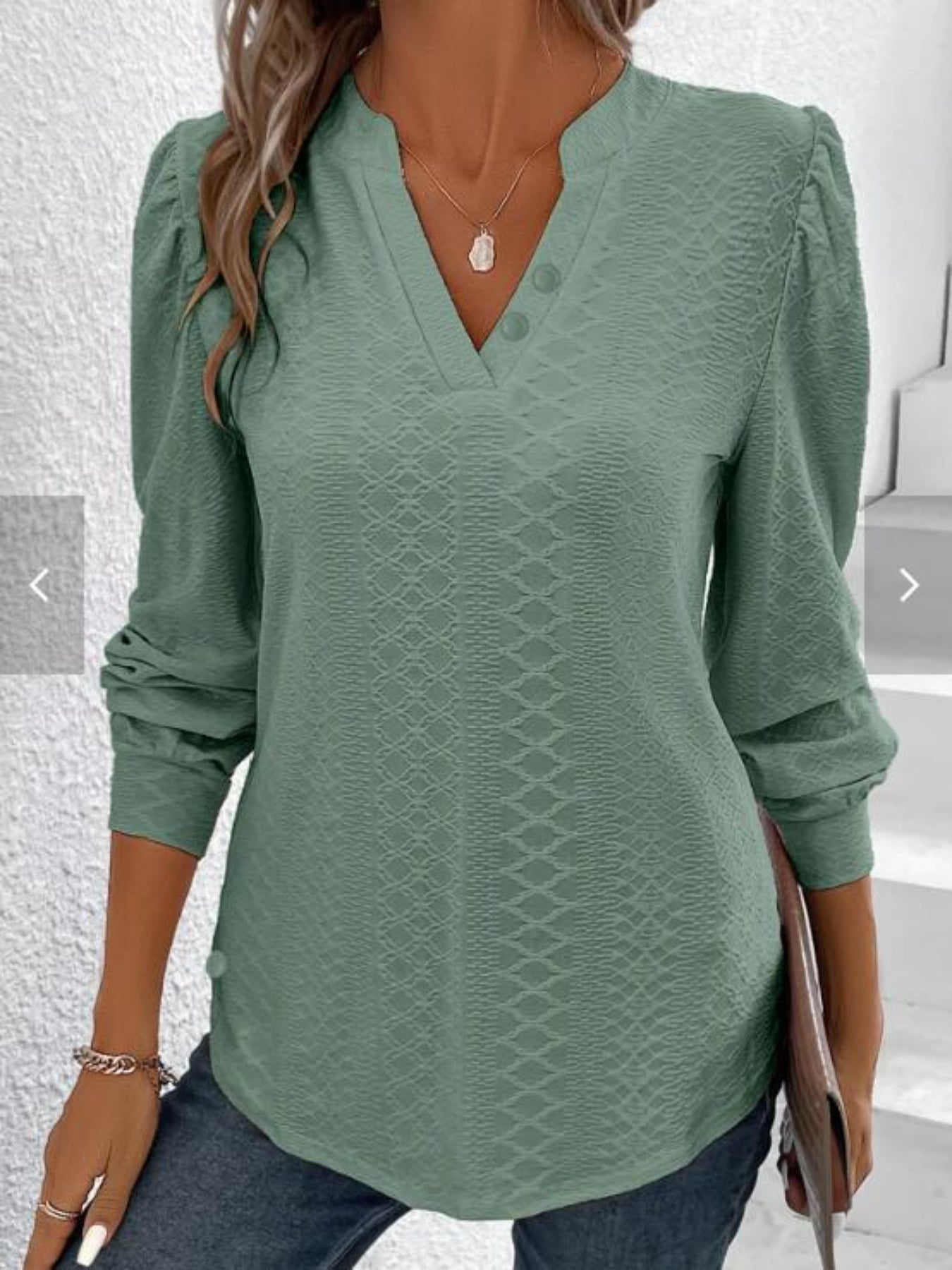 Casual T-shirt, Women's  Solid Jacquard Lantern Sleeve Notched Neck T-shirt