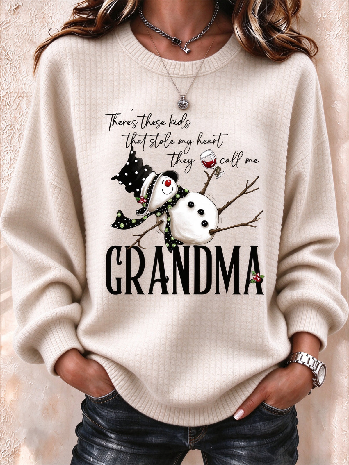 Regular Fit Crew Neck Christmas Snowman Casual Sweatshirt