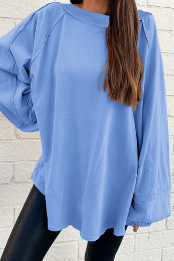 Beau Blue Solid Color Raw Seam Patchwork Baggy Sweatshirt